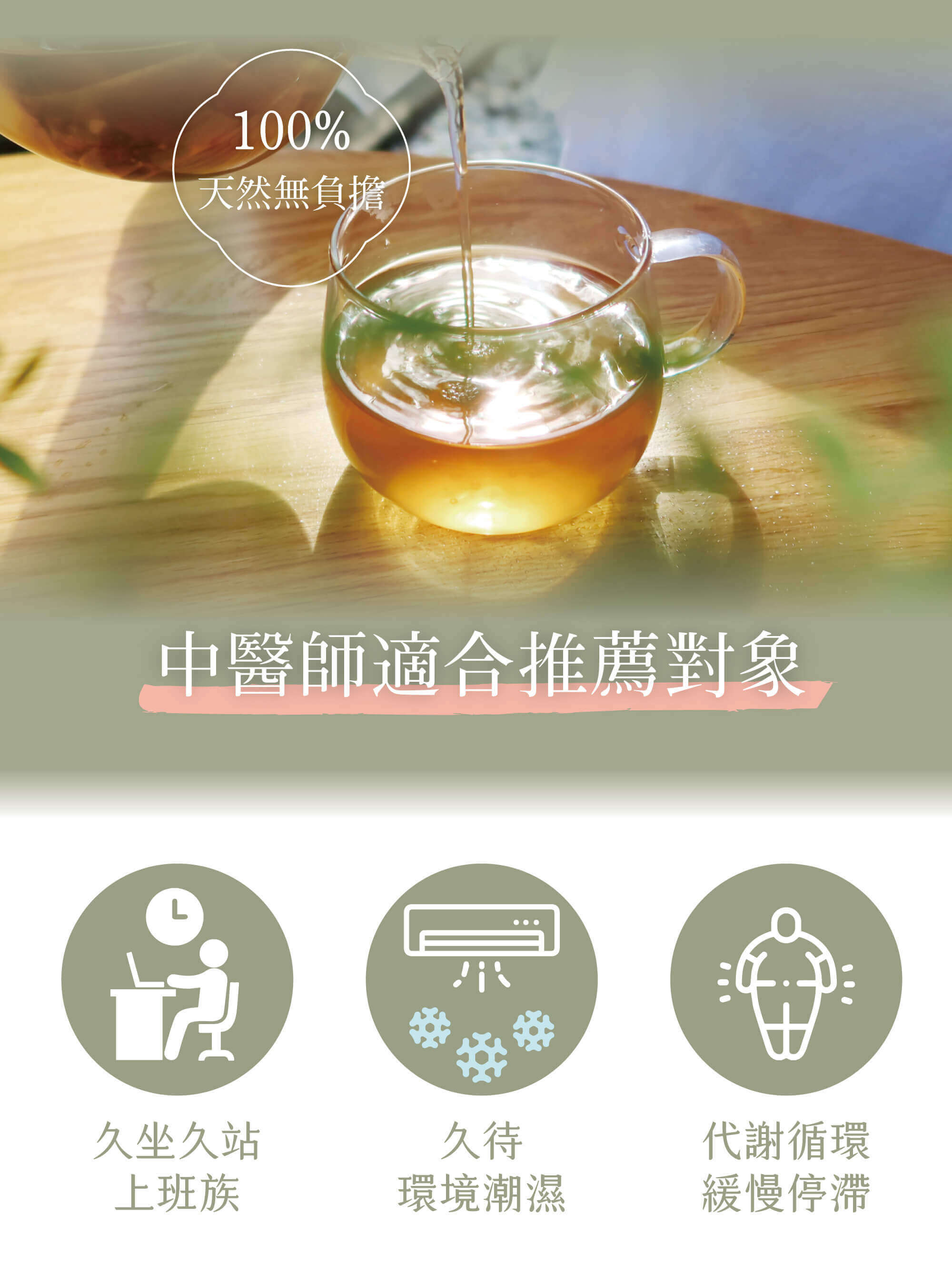 中醫師適合推薦對象:久坐久站上班族、久待環境潮濕、代謝循環緩慢停滯