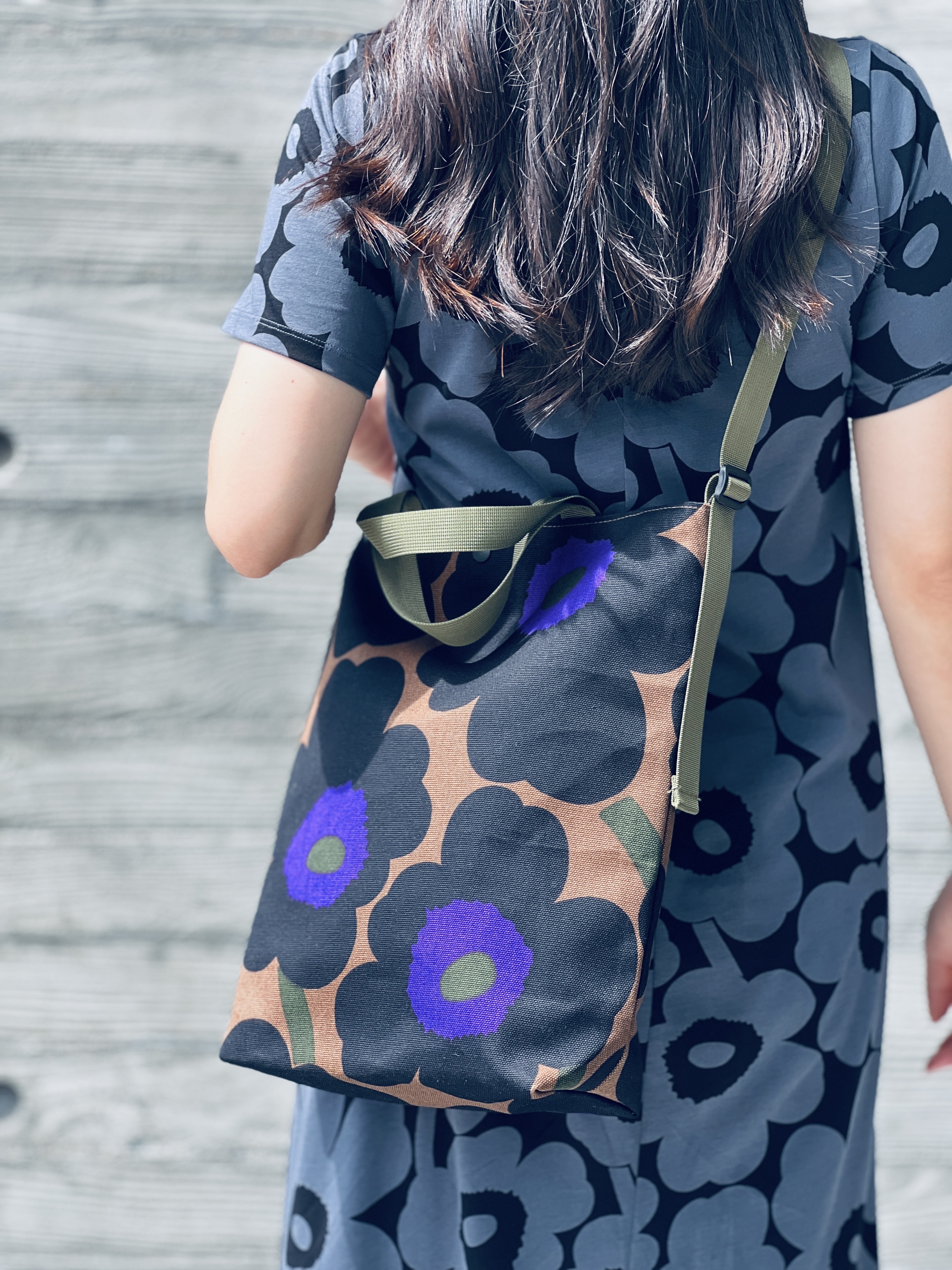 3 way easy tote | Marimekko canvas fabric | brown x purple