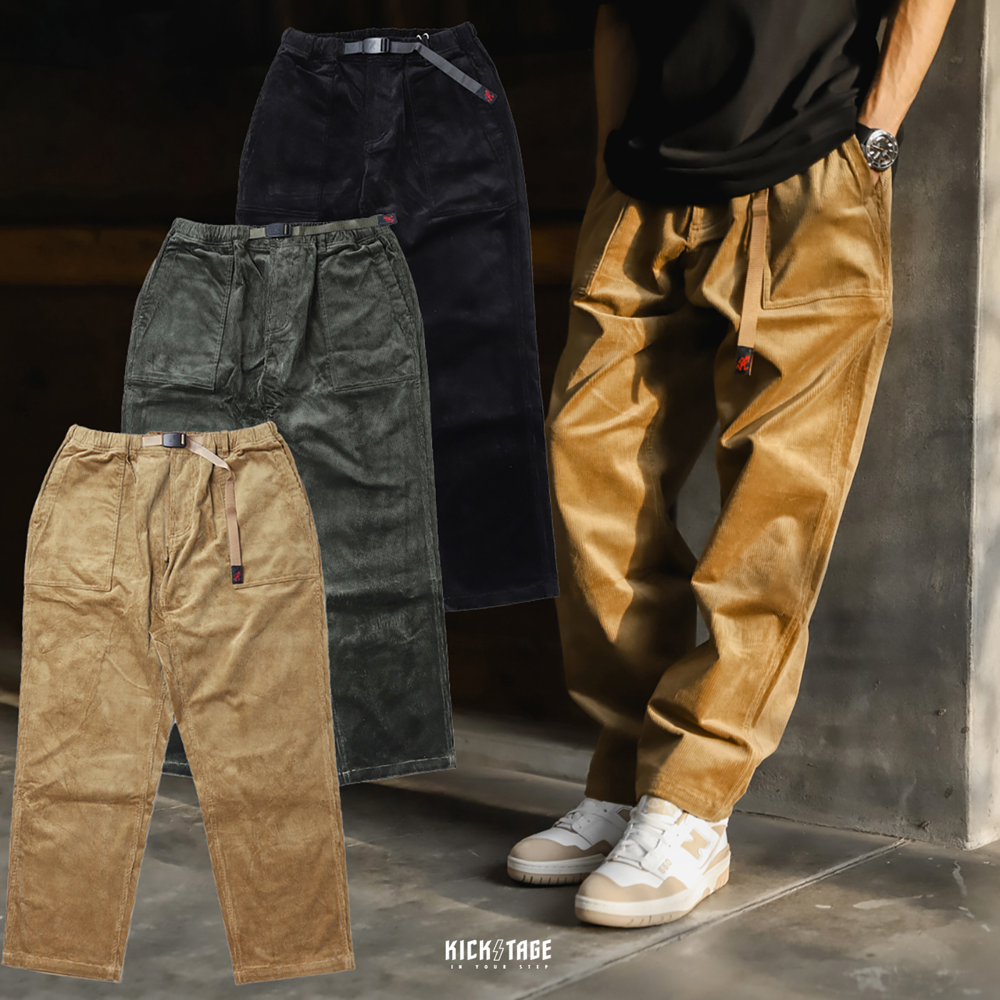 **特價商品售出不退換**GRAMICCI TAPERED RIDGE PANTS 黑色 綠色 卡其色 燈芯絨 腰帶 大口袋 休閒 長褲 錐型褲【G3FU-P054-BLK】【G3FU-P054-DG】【G3FU-P054-MB】