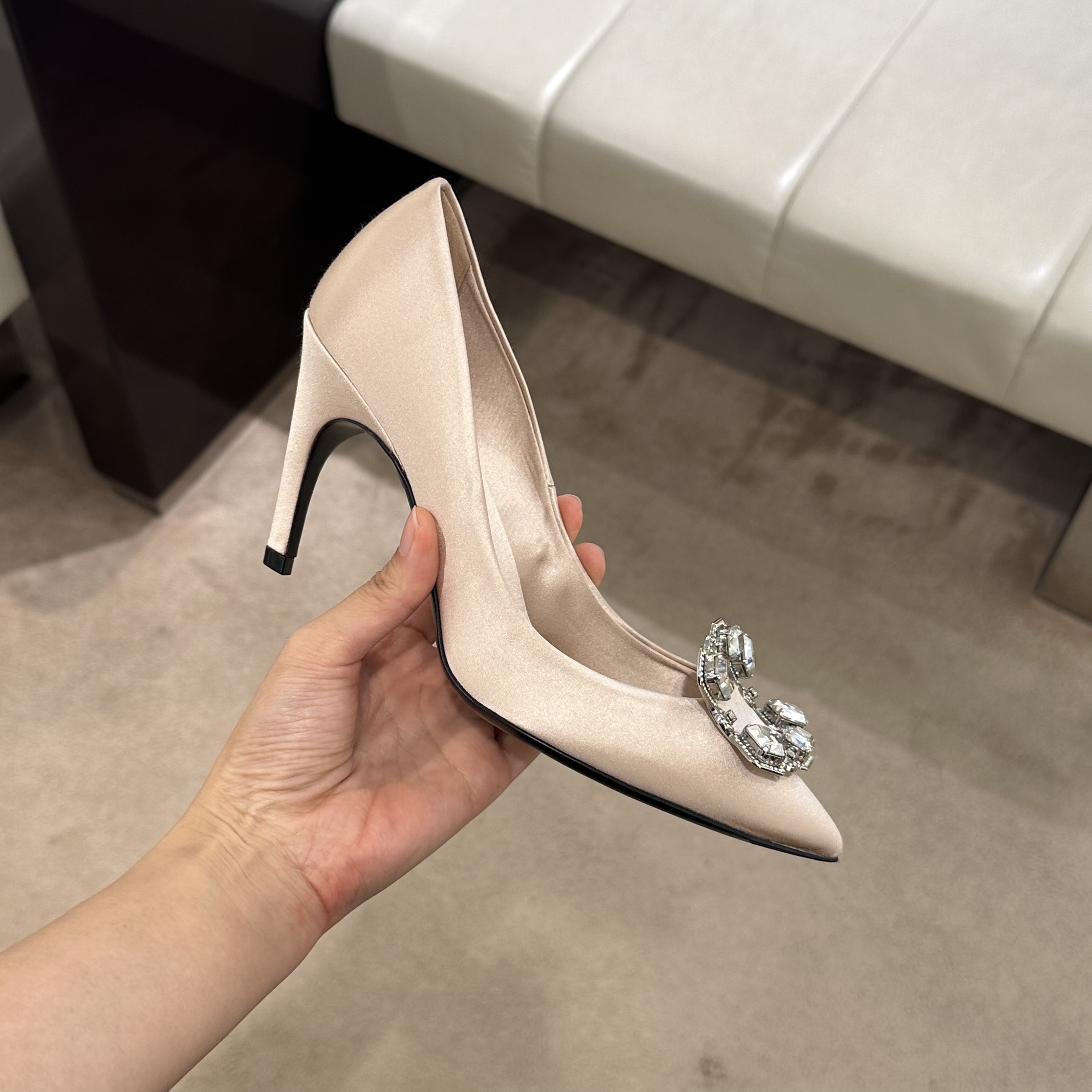 Roger Vivier RV choc real crown crystal satin heels