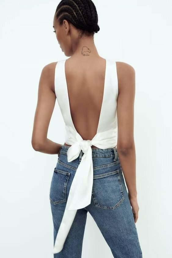 絲緞後綁帶 大露背上衣(黑/白)