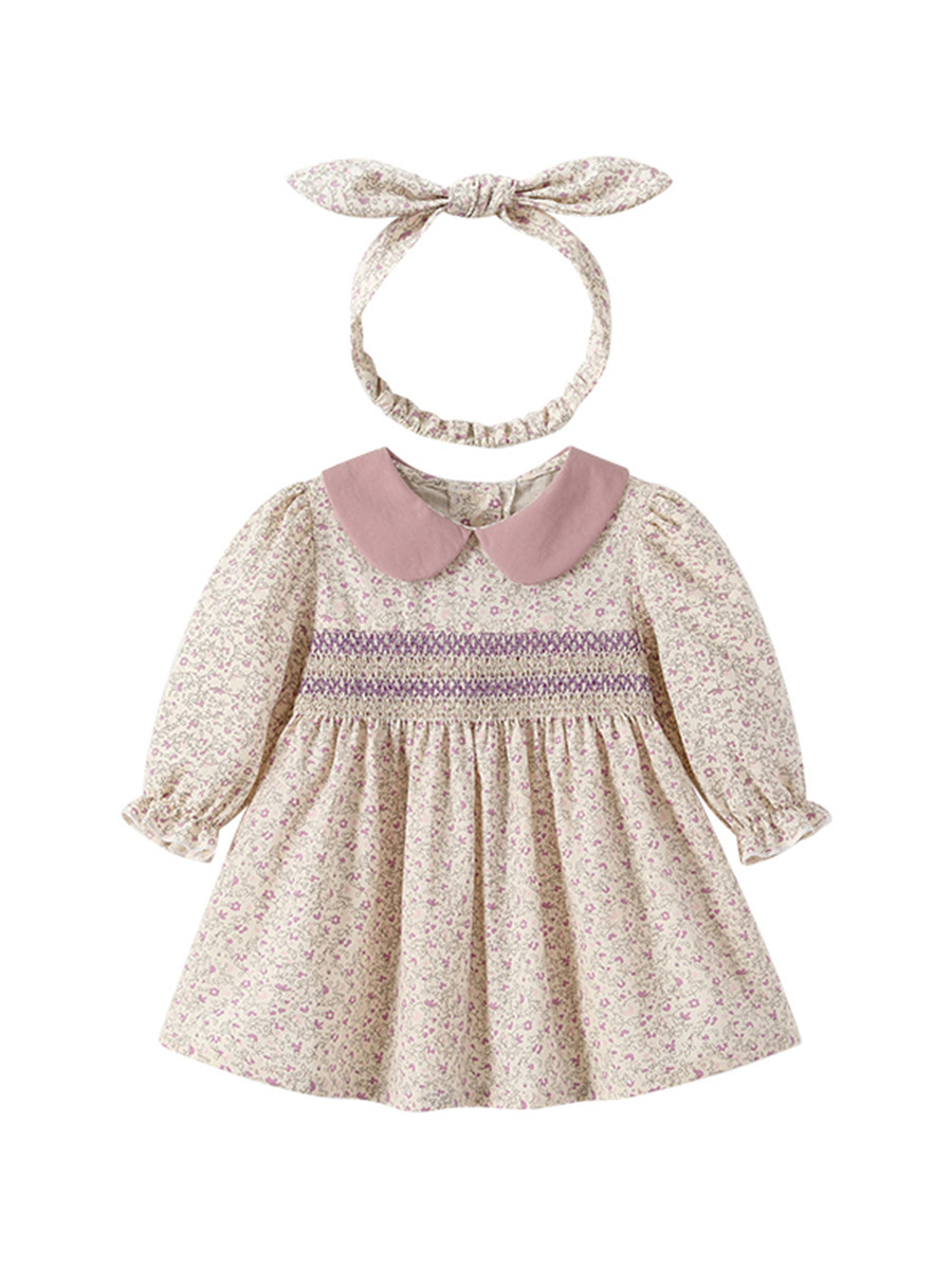 H200PE_A8_C: 薰衣草色碎花圓領連身裙+髮帶