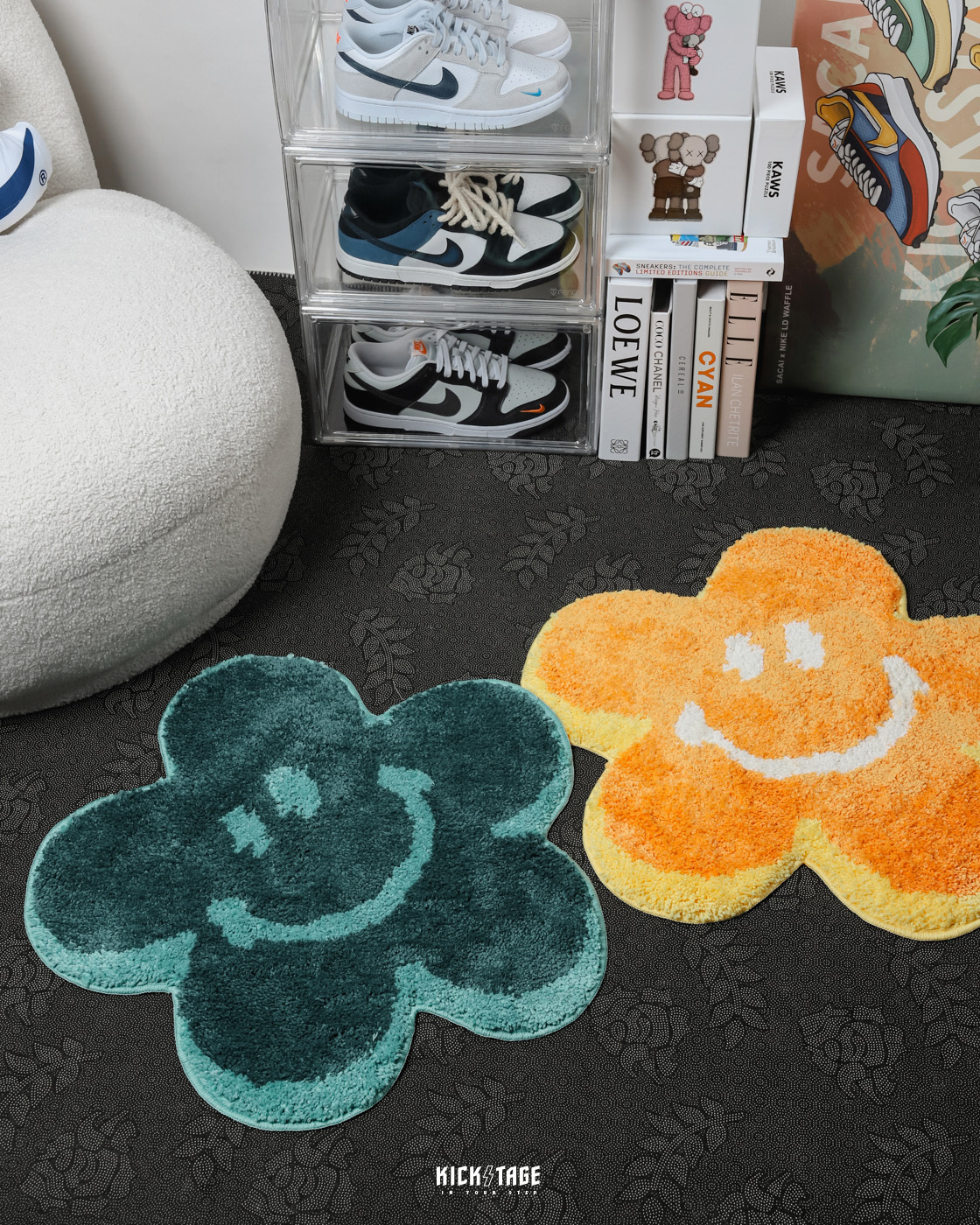 [售出無退換]#KEEP FLOWER RUG 橘色 綠色 花花 花形 地毯 閃電微笑 笑臉 毛絨 地墊 地墊 止滑底【KS177】