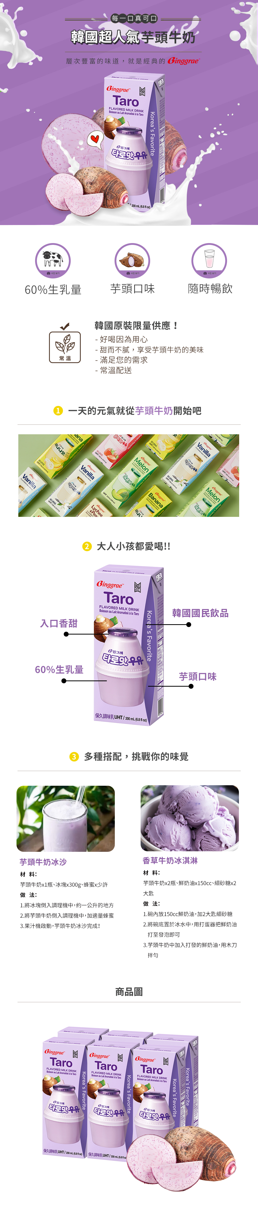每一口真可口韓國超人氣頭牛奶層次豐富的味道,就是經典的inggraearo  DRIK au    la TaroKoreas Favorite우유   mL .8    보기  보기0%生乳量芋頭口味隨時暢飲 사진 보기常溫韓國原裝限量供應! 好喝因為用心 甜而不膩,享受芋頭牛奶的美味- 滿足您的需求- 常溫配送一天的元氣就從芋頭牛奶開始吧Vanilla NFLAVO anaRED  Koreas Favorite譯TJHT  Koreas FavoriteMILKVanilla (200FavoriLychee& PeaGinggraeBananaVanilla大人小孩都愛喝!!GinggraeTaroFLAVORED MILK DRINK au  Aromatisé  la Taro入口香甜60%生乳量BGinggraeMelon韓國國民飲品Koreas Favorite保久調味乳UHT/200mL ( 芋頭口味 多種搭配,挑戰你的味覺芋頭牛奶冰沙材料:芋頭牛奶x1瓶冰塊x300g、蜂蜜x少許做法:1.將冰塊倒入調理機中,約一公升的地方2.將芋頭牛奶倒入調理機中,加適量蜂蜜3.果汁機啟動,芋頭牛奶冰沙完成!香草牛奶冰淇淋材料:芋頭牛奶x2瓶、鮮奶油x150cc、細砂糖x2大匙做法:1.碗內放150cc鮮奶油,加2大匙細砂糖2.將碗底置於冰水中,用打蛋器把鮮奶油打至發泡即可3.芋頭牛奶中加入打發的鮮奶油,用木刀拌勻商品圖GinggraeTaroFLAVORED MILK DRINK au Lait Aromatisé  la TaroKoreas FavoriteGinggraeTaroFLAVORED MILK DRINKBoisson au Lait Aromatisé  la TaroKoreas FavoriteGinggraeTaroFLAVORED MILK DRINKBoisson au Lait Aromatisé à la TaroKoreas FavoriteKoreas Favorite甄우유6保久乳UHT/200 mL (  oz)) 保久調味乳UHT/200 mL (  oz)6빙그레우유