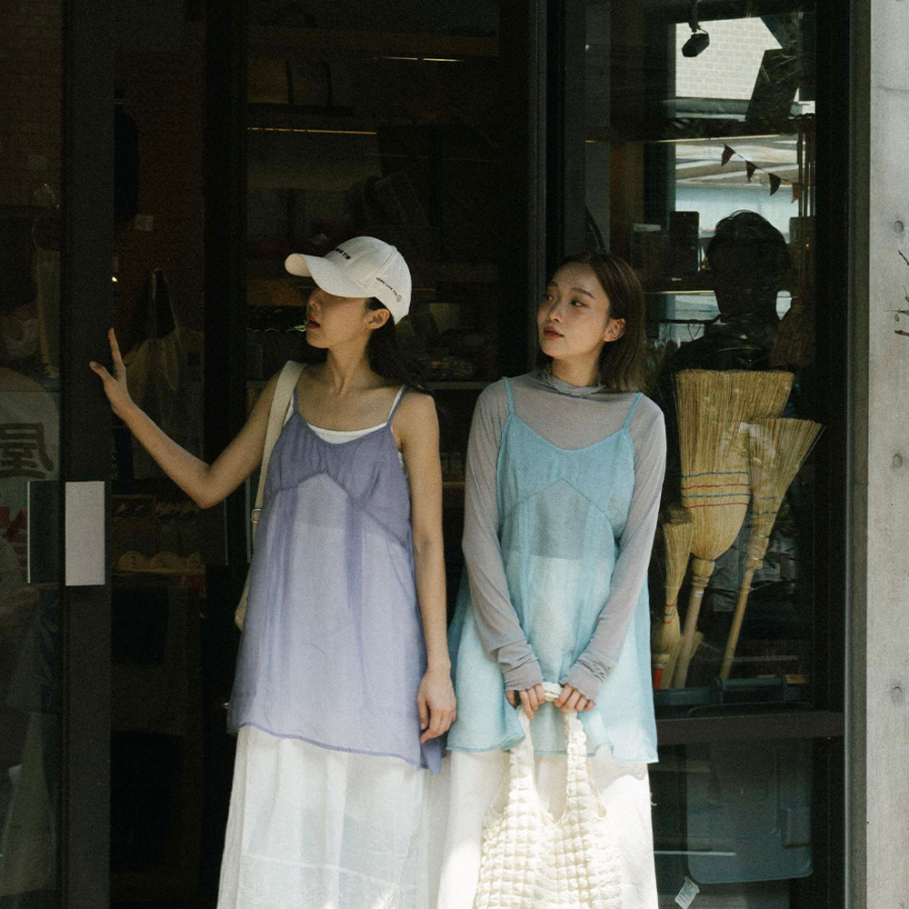 Pleated cutting thin straps sheer tank top four colors【01097781】in stock+pre-order