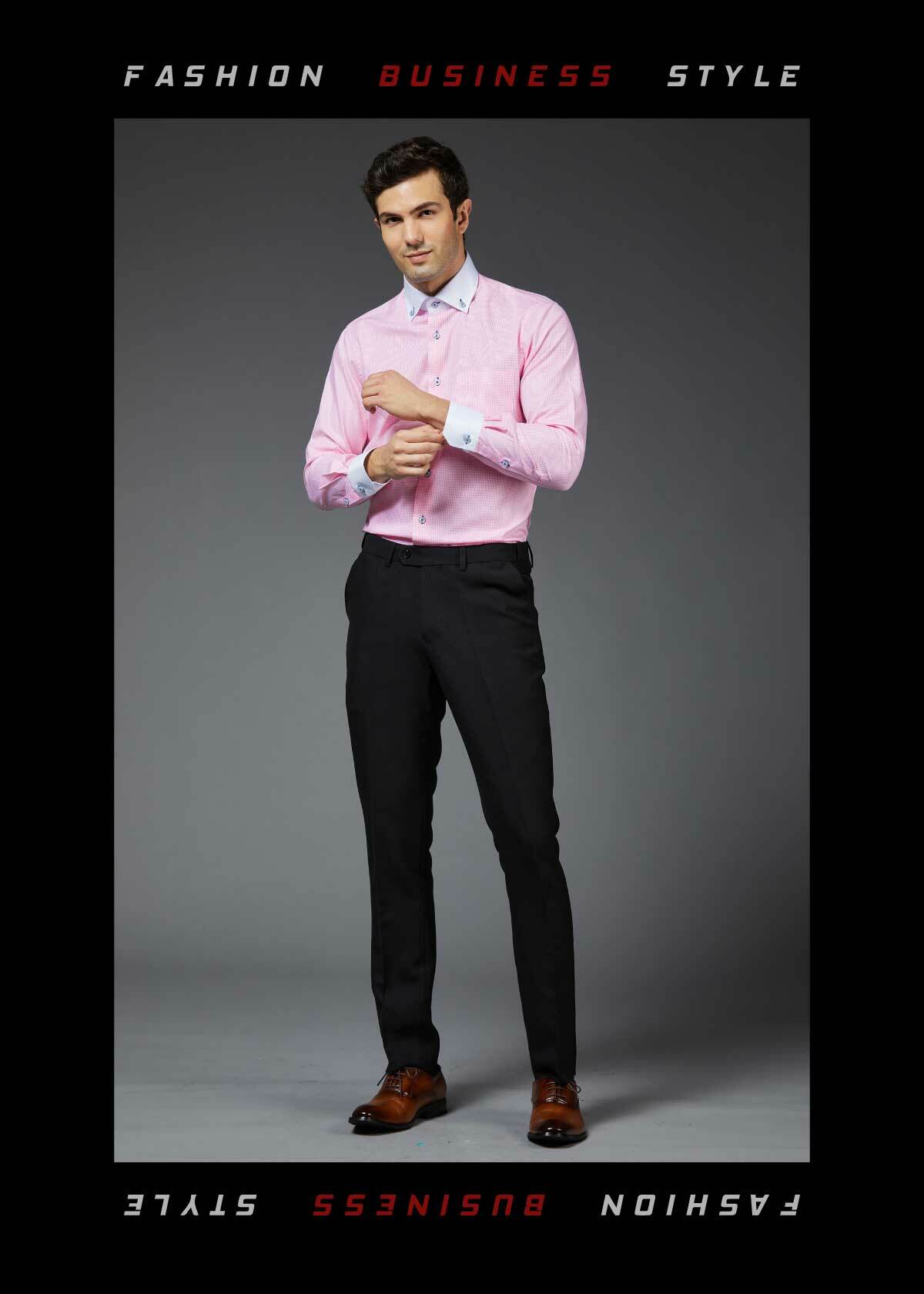 一位上班族穿著細格白領商務襯衫全身照展示