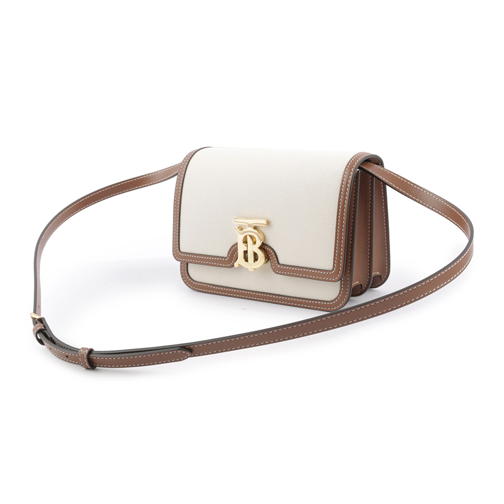 【BURBERRY】TB Logo 帆布及牛皮拼色斜背包(小款)(自然色/麥芽棕色) 8071617