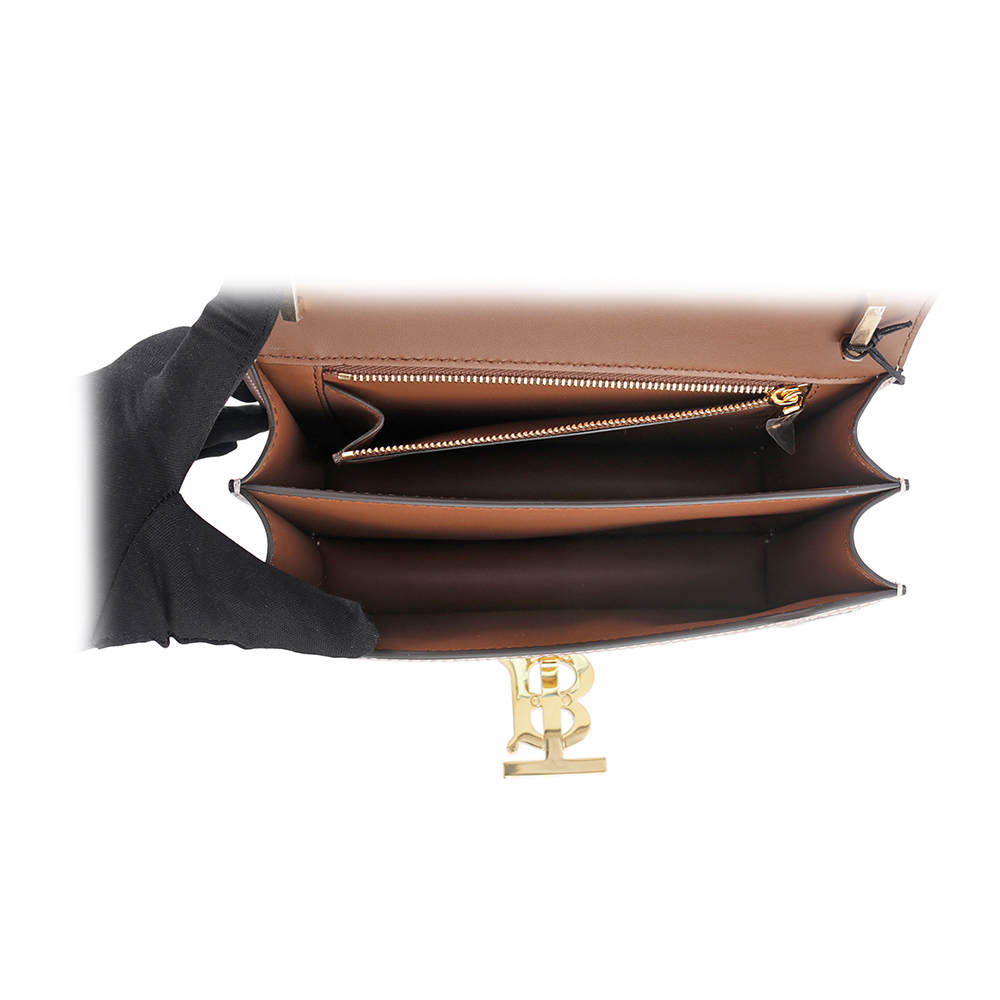 【BURBERRY】TB Logo 帆布及牛皮拼色斜背包(小款)(自然色/麥芽棕色) 8071617