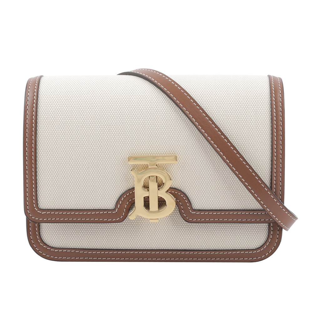 【BURBERRY】TB Logo 帆布及牛皮拼色斜背包(小款)(自然色/麥芽棕色) 8071617