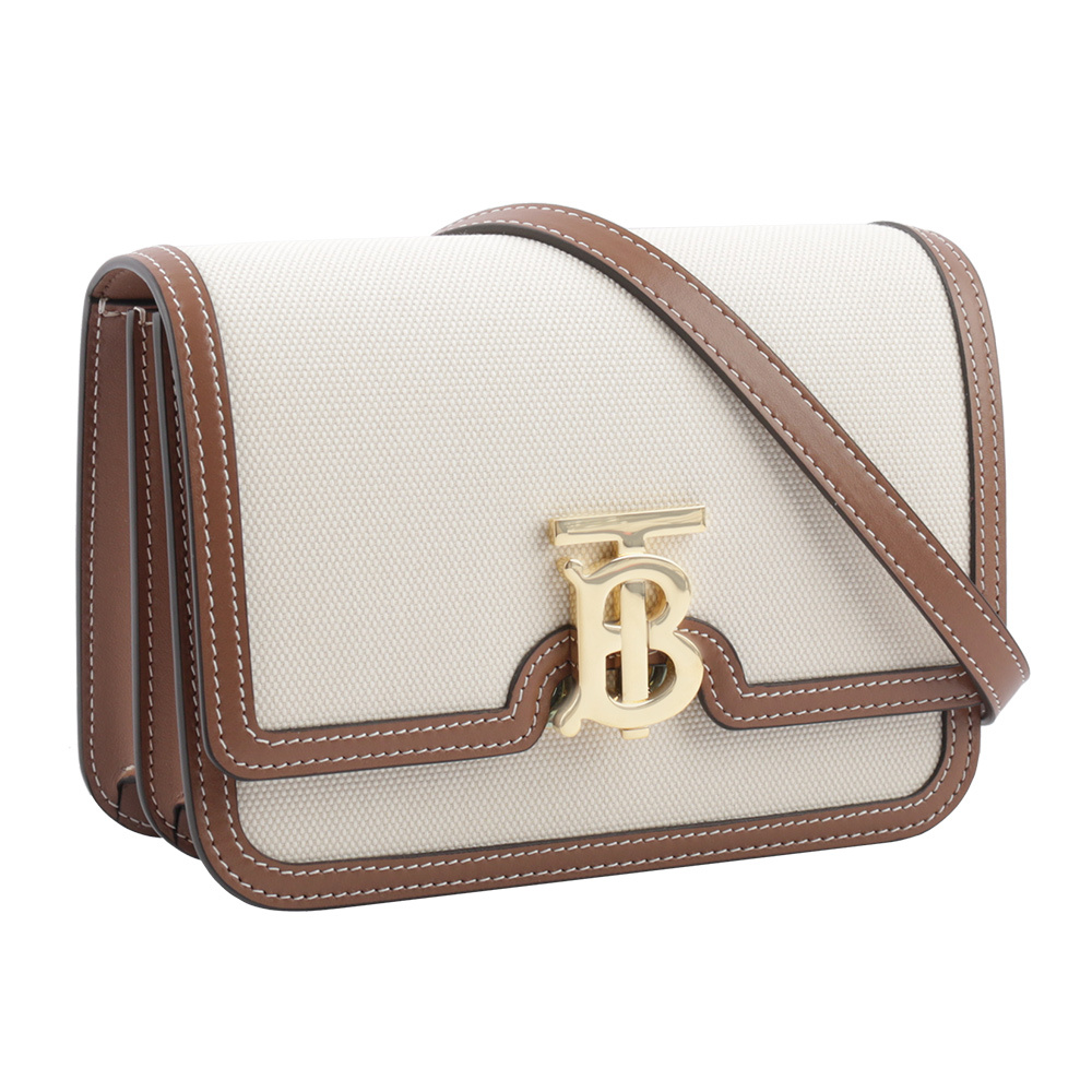 【BURBERRY】TB Logo 帆布及牛皮拼色斜背包(小款)(自然色/麥芽棕色) 8071617