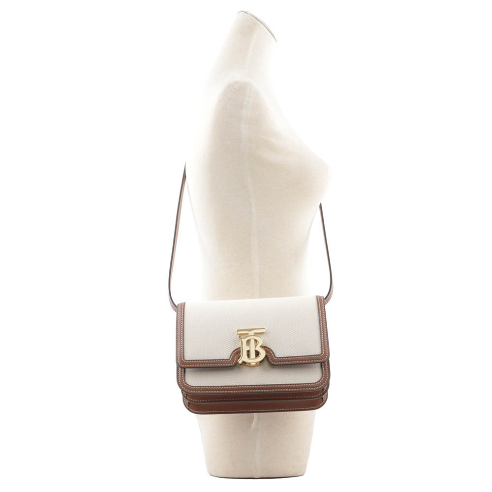 【BURBERRY】TB Logo 帆布及牛皮拼色斜背包(小款)(自然色/麥芽棕色) 8071617