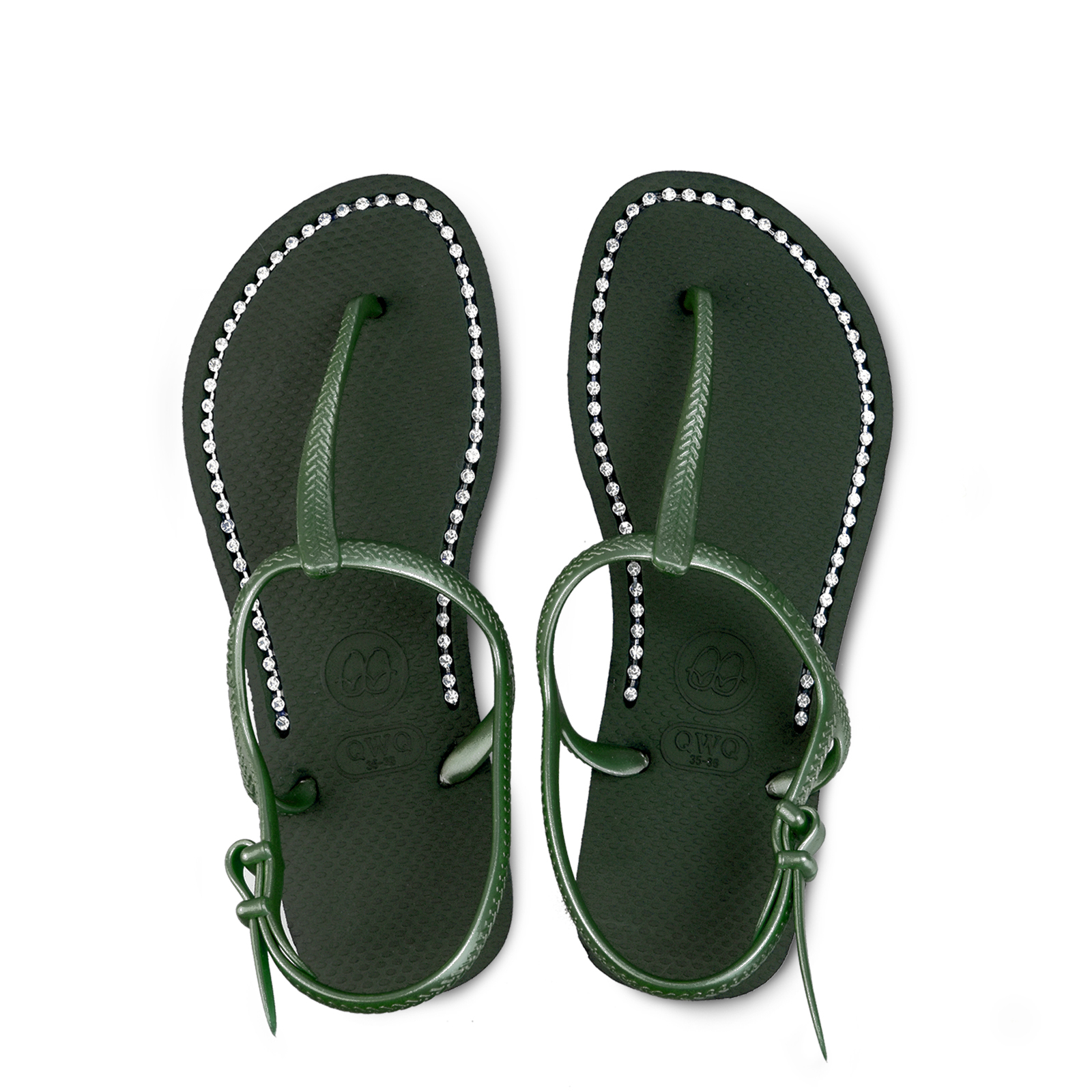 女款綁帶T字涼鞋 夜幕綠色 國際知名水鑽元素 腳型修長款