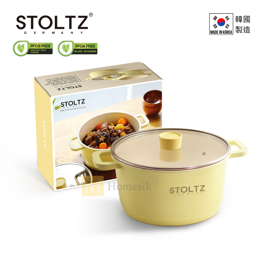 STOLTZ 韓國製 24CM 雙耳湯鍋連玻璃蓋 (檸檬黃) LENTLS-24 (電磁爐及明火均適用)