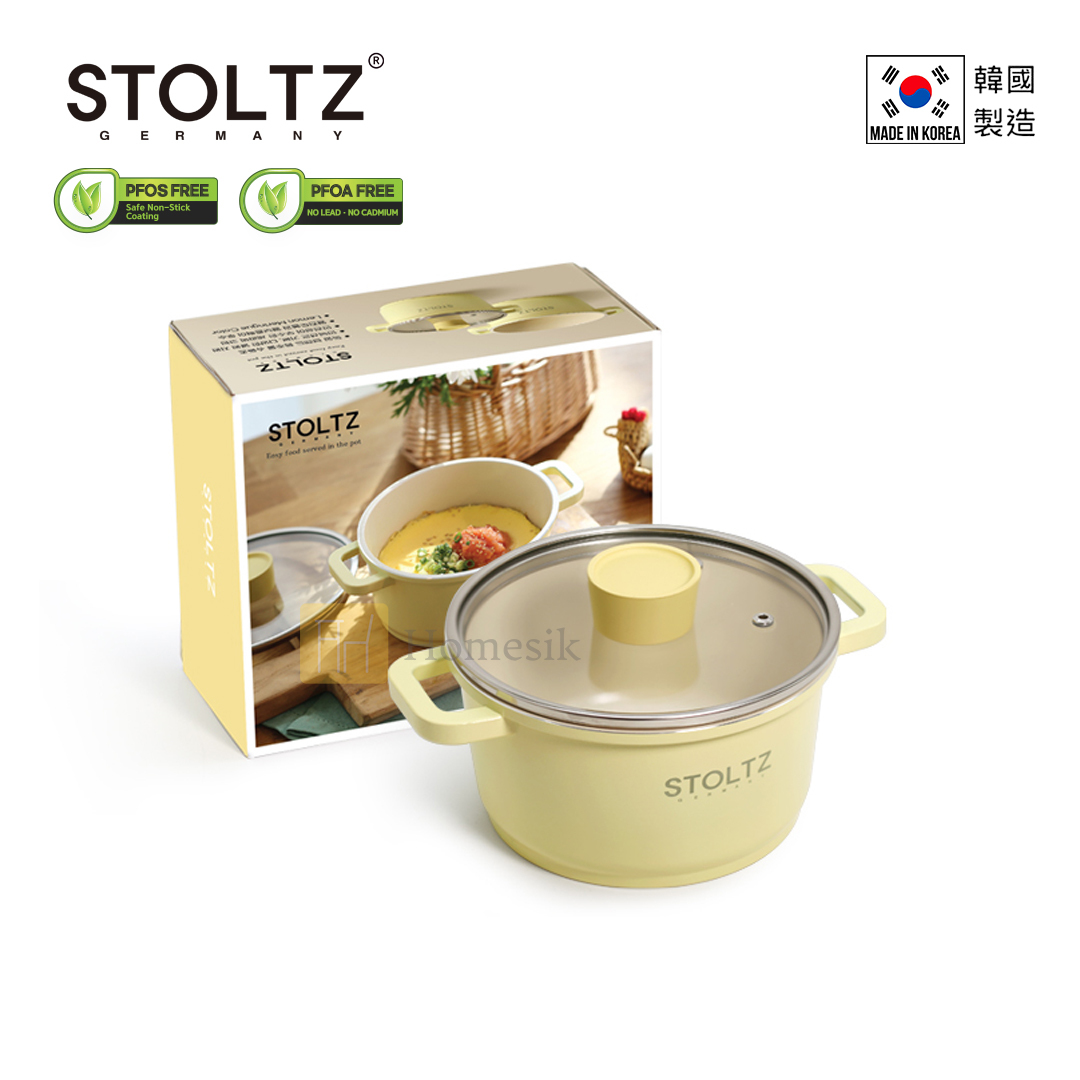 STOLTZ 韓國製 16CM 雙耳湯鍋連玻璃蓋 (檸檬黃) LENTLS-16  (電磁爐及明火均適用)
