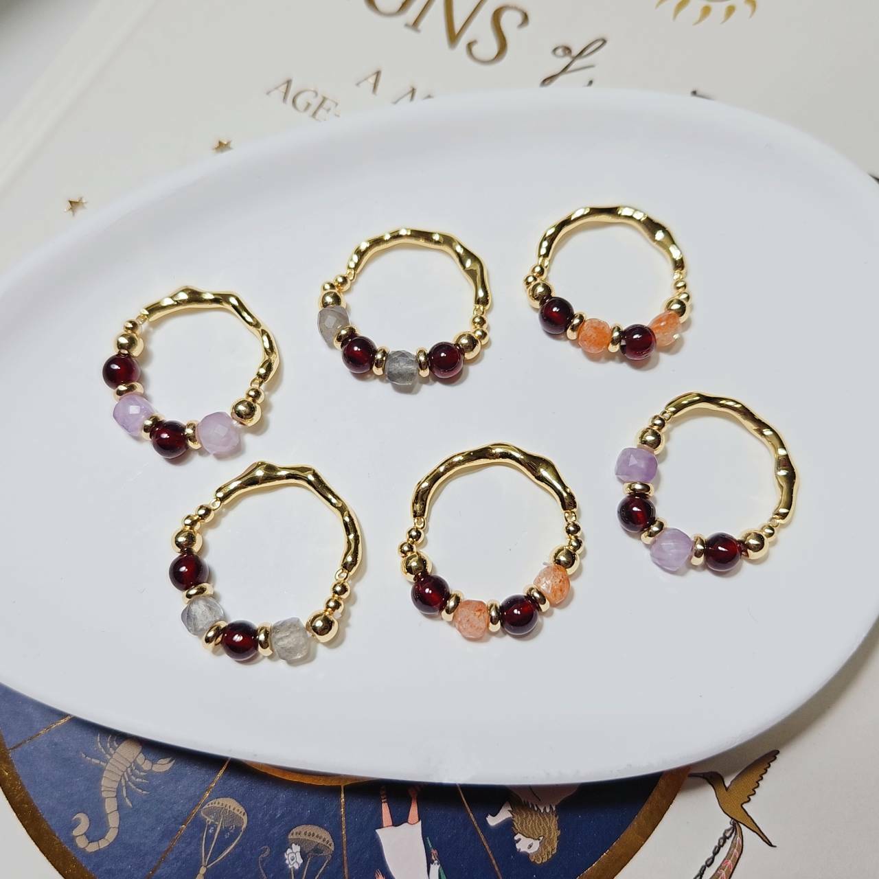 方糖水晶 金屬半圓 戒指