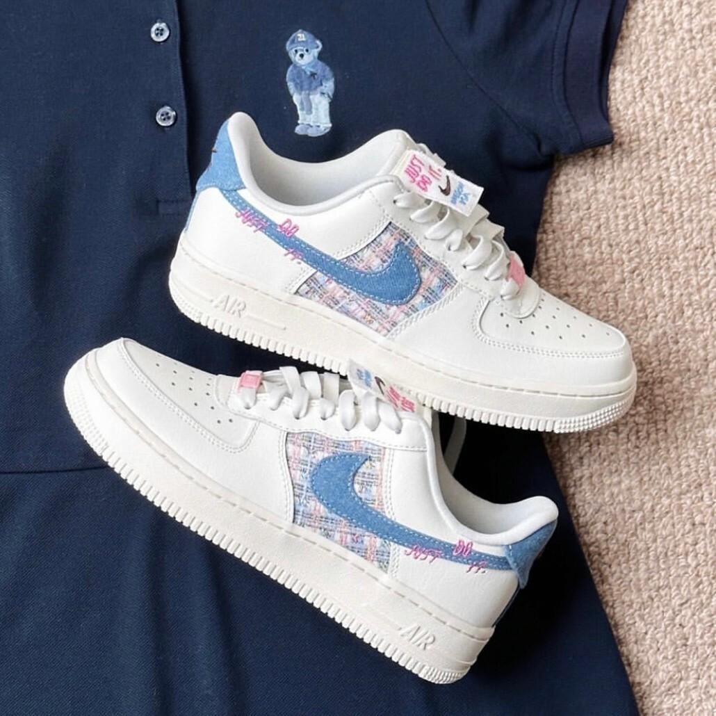 Nike Air Force 1 Low Denim Blue "just do it" 小香風牛仔 粉藍 編織 刺繡 女鞋