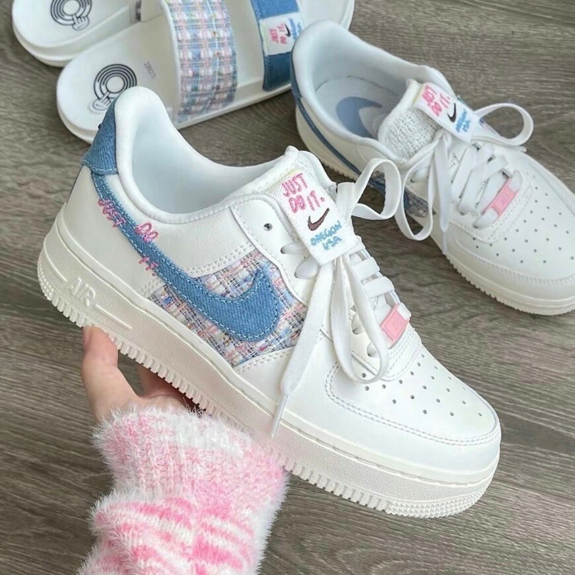 Nike Air Force 1 Low Denim Blue "just do it" 小香風牛仔 粉藍 編織 刺繡 女鞋
