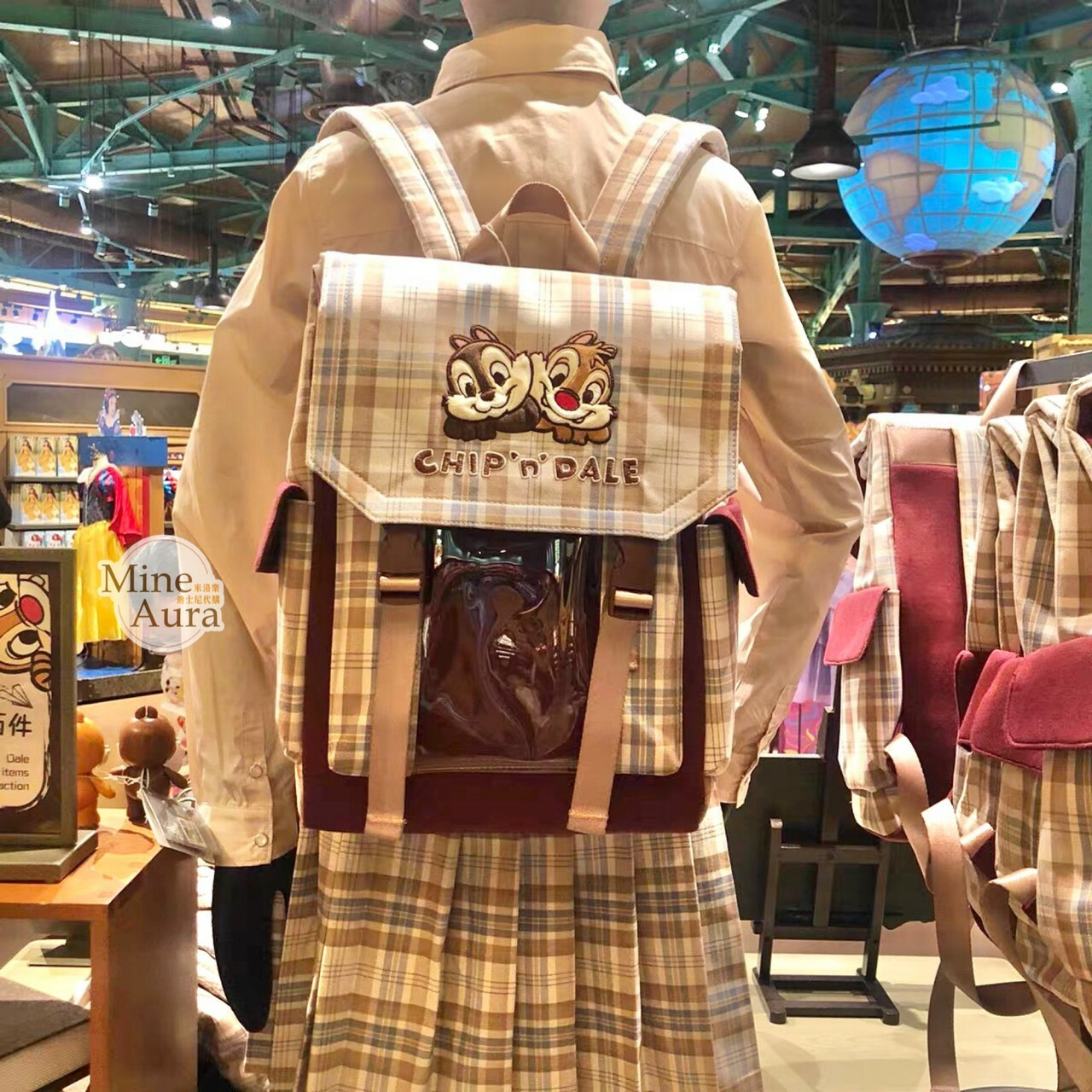 奇奇蒂蒂 Chip 'n Dale 學院風 格紋 透明外袋設計 後背包 雙肩包 -上海迪士尼樂園