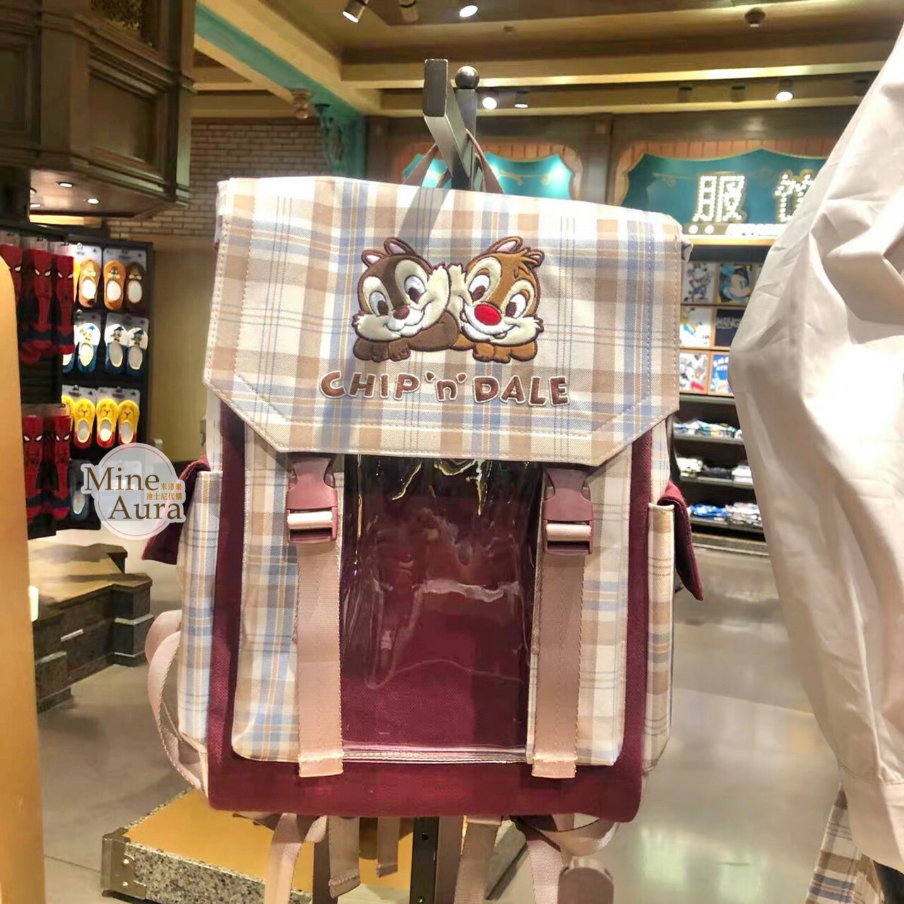 奇奇蒂蒂 Chip 'n Dale 學院風 格紋 透明外袋設計 後背包 雙肩包 -上海迪士尼樂園