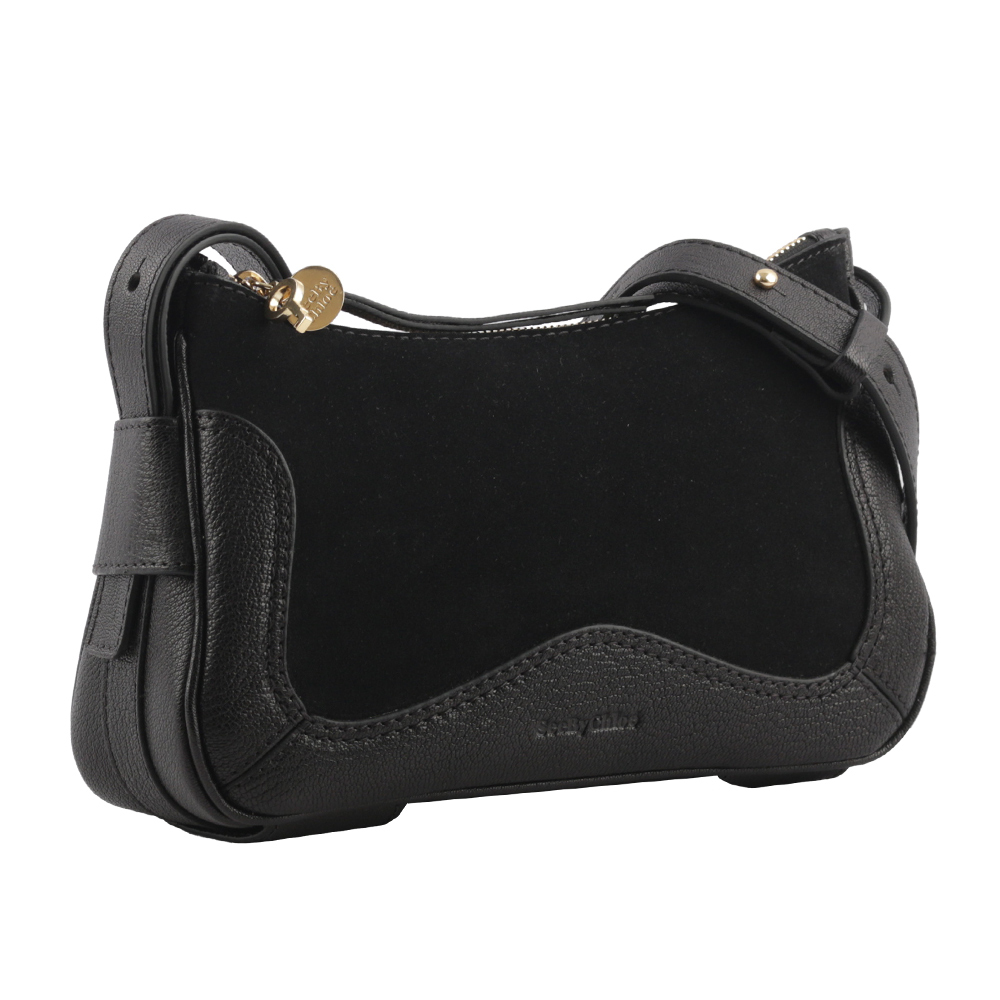 【See By Chloe】HANA HOBO 牛皮拼麂皮迷你肩背/斜背二用包(黑色) CHS23SSB98417001