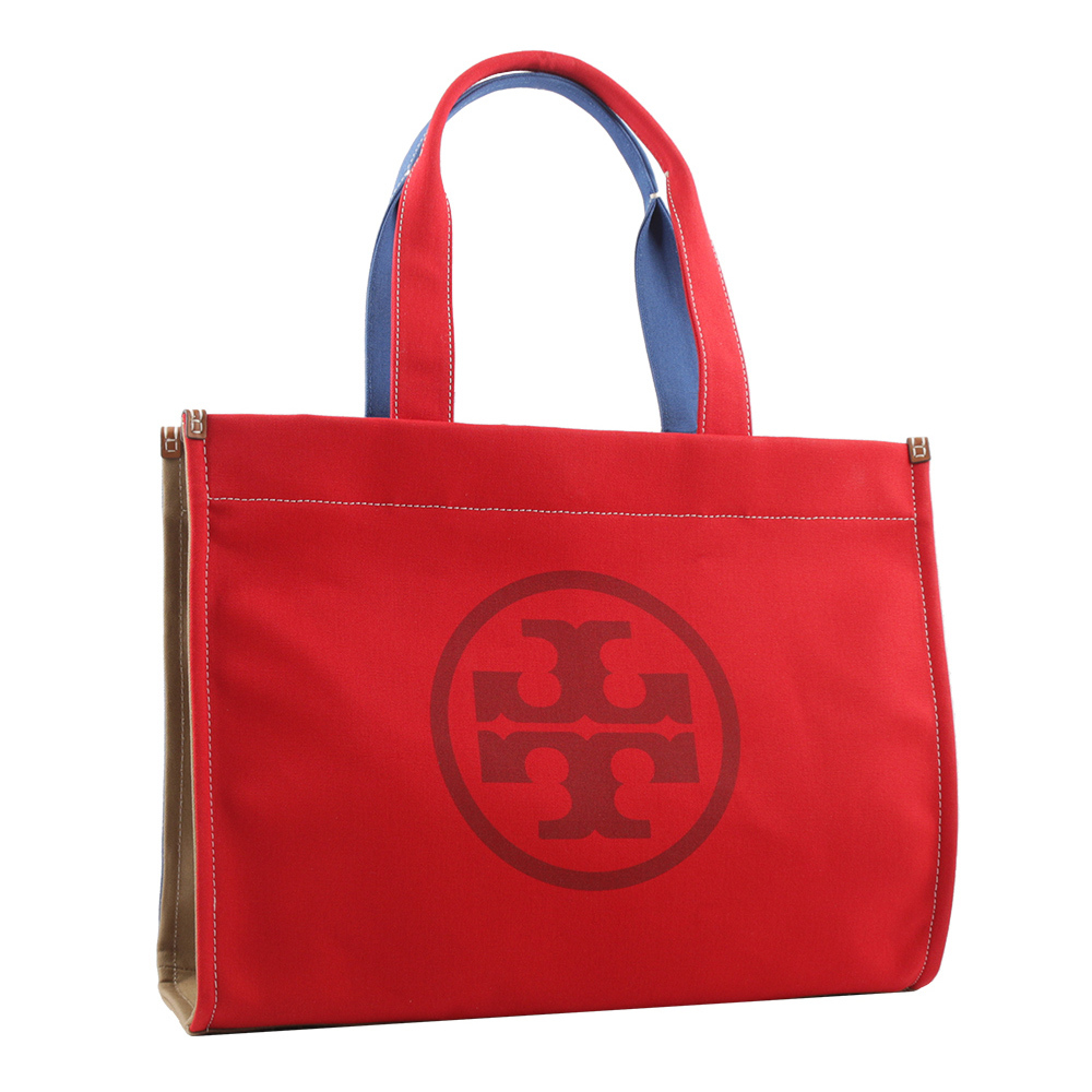 【TORY BURCH】Ella 拼色棉質帆布托特包(紅色/藍色) 153824 641