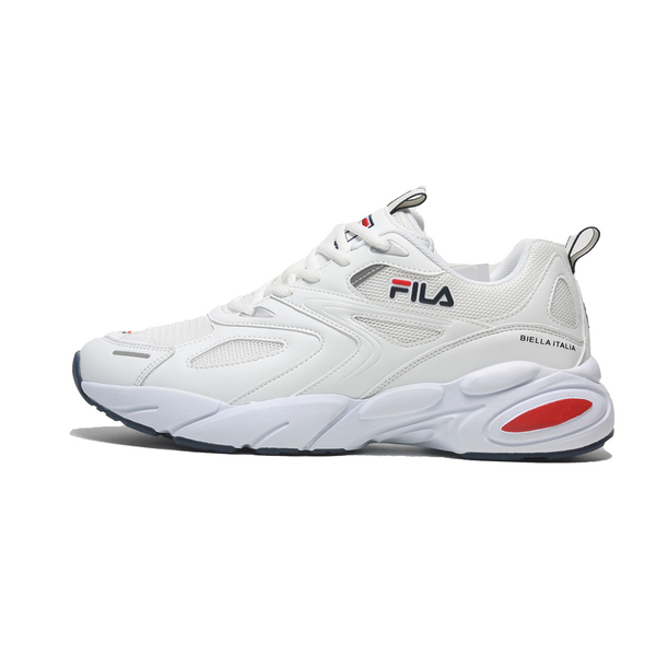 FILA 慢跑鞋 全白 藍紅 皮革 網布 復古 老爹鞋 男 1J907X123
