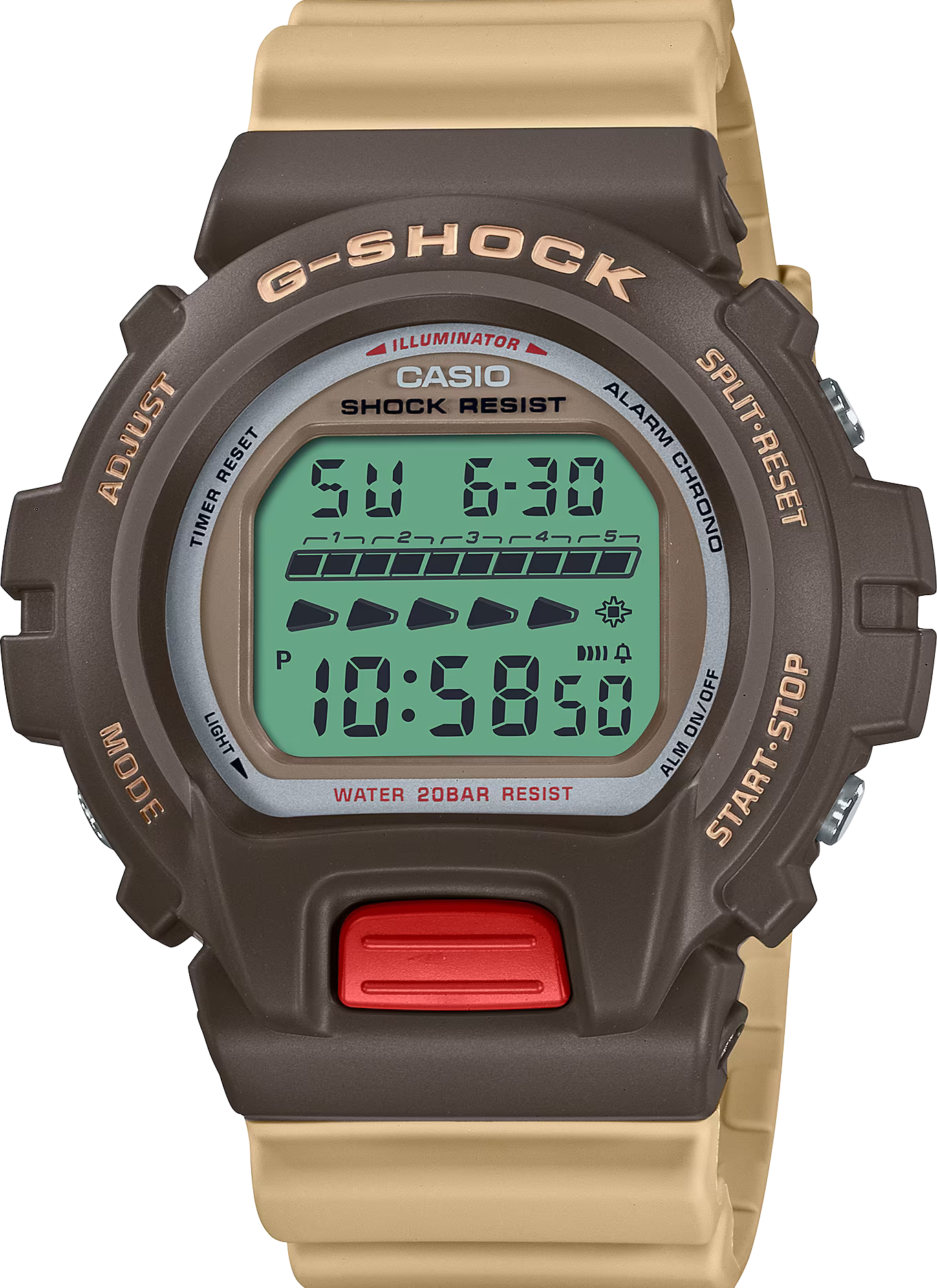 萬年鐘錶 - G-SHOCK 可可棕經典復古色彩雙顯休閒運動防震電子錶  DW-6600PC-5  錶徑 : 50mm
