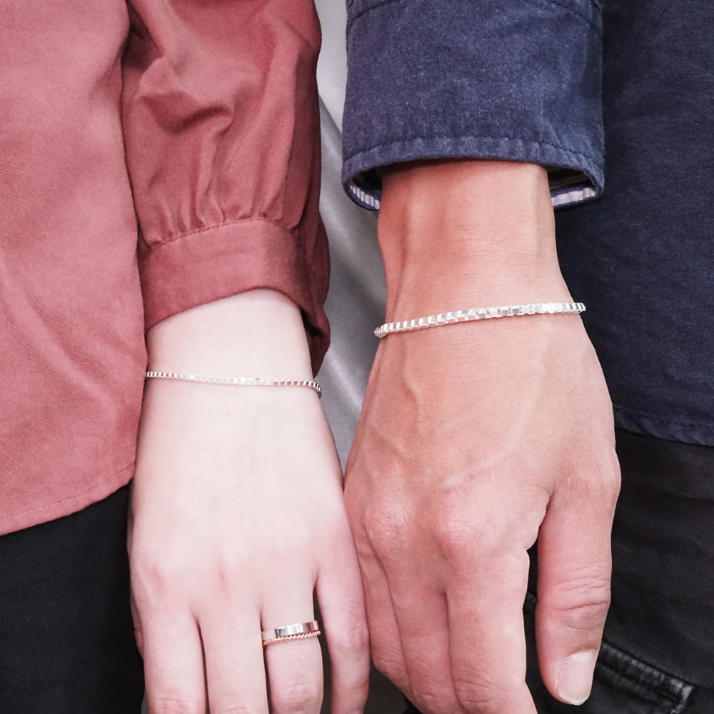 威尼斯方盒情侶手鍊組  925純銀客製化刻字手鍊