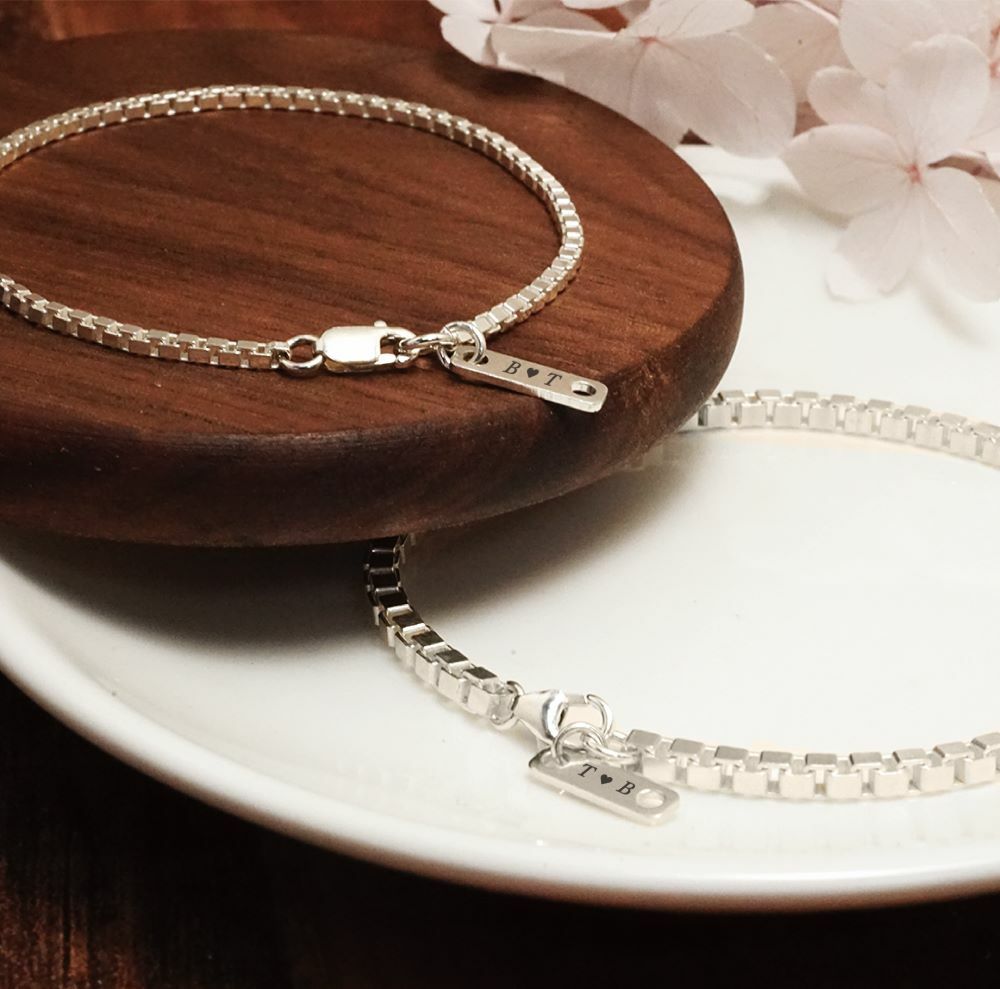 威尼斯方盒情侶手鍊組  925純銀客製化刻字手鍊