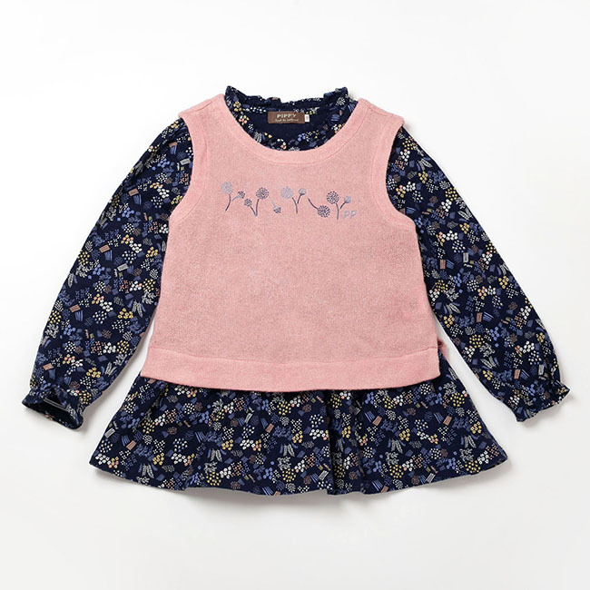 PIPPY 碎花背心假兩件長袖上衣 藍