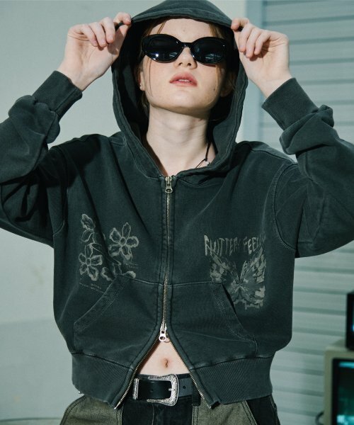 CPGN STUDIO Fluttery Pigment CROP Hood Zip-up Smoke Black