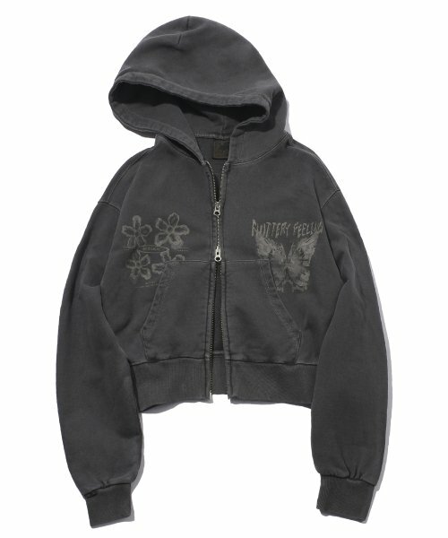 CPGN STUDIO Fluttery Pigment CROP Hood Zip-up Smoke Black