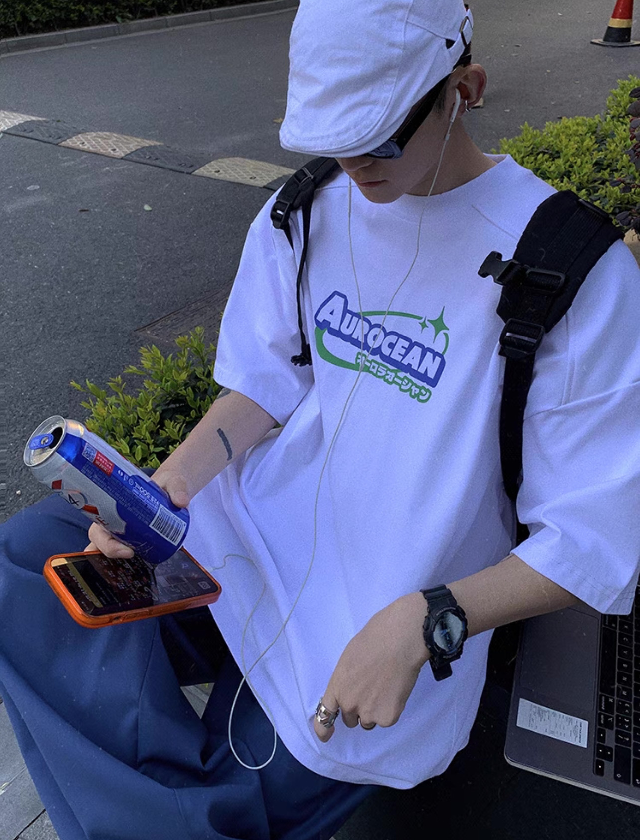 Aurocean 320克重磅藍綠撞色圖樣短袖