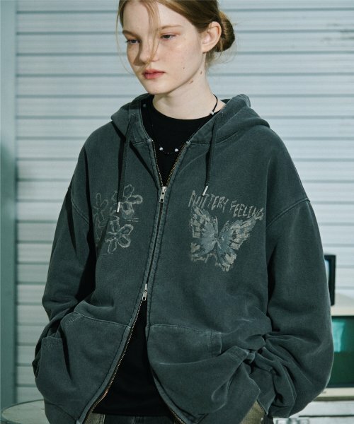 CPGN STUDIO Fluttery Pigment Hood Zip-up Smoke Black