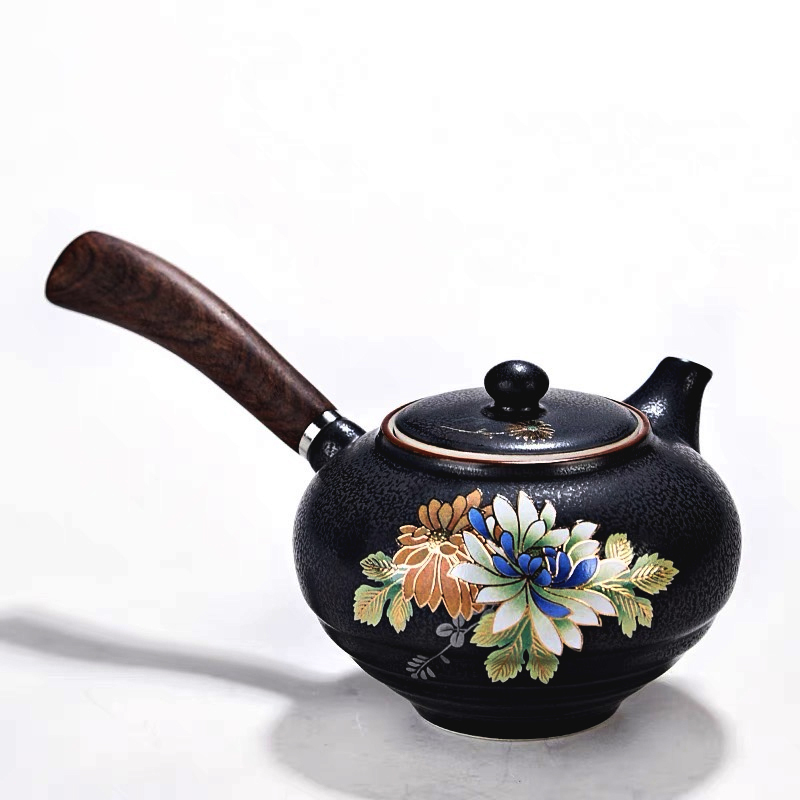 黑檀木手握壺霧光黑茶具組｜牡丹雕花1壺1海6杯高雅品茗禮盒推薦