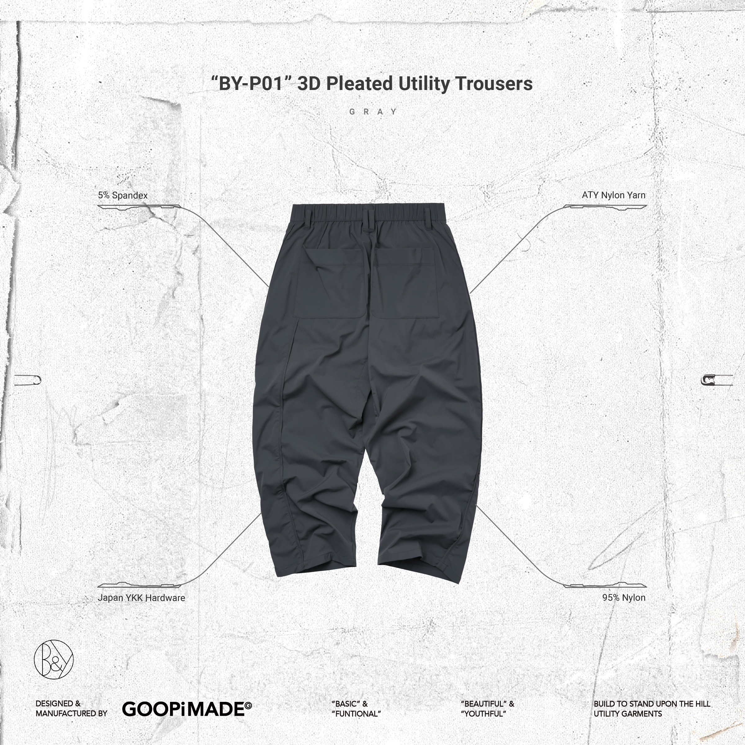 BY-P01” 3D Pleated Utility Trousers by GOOPiMADE -Gray