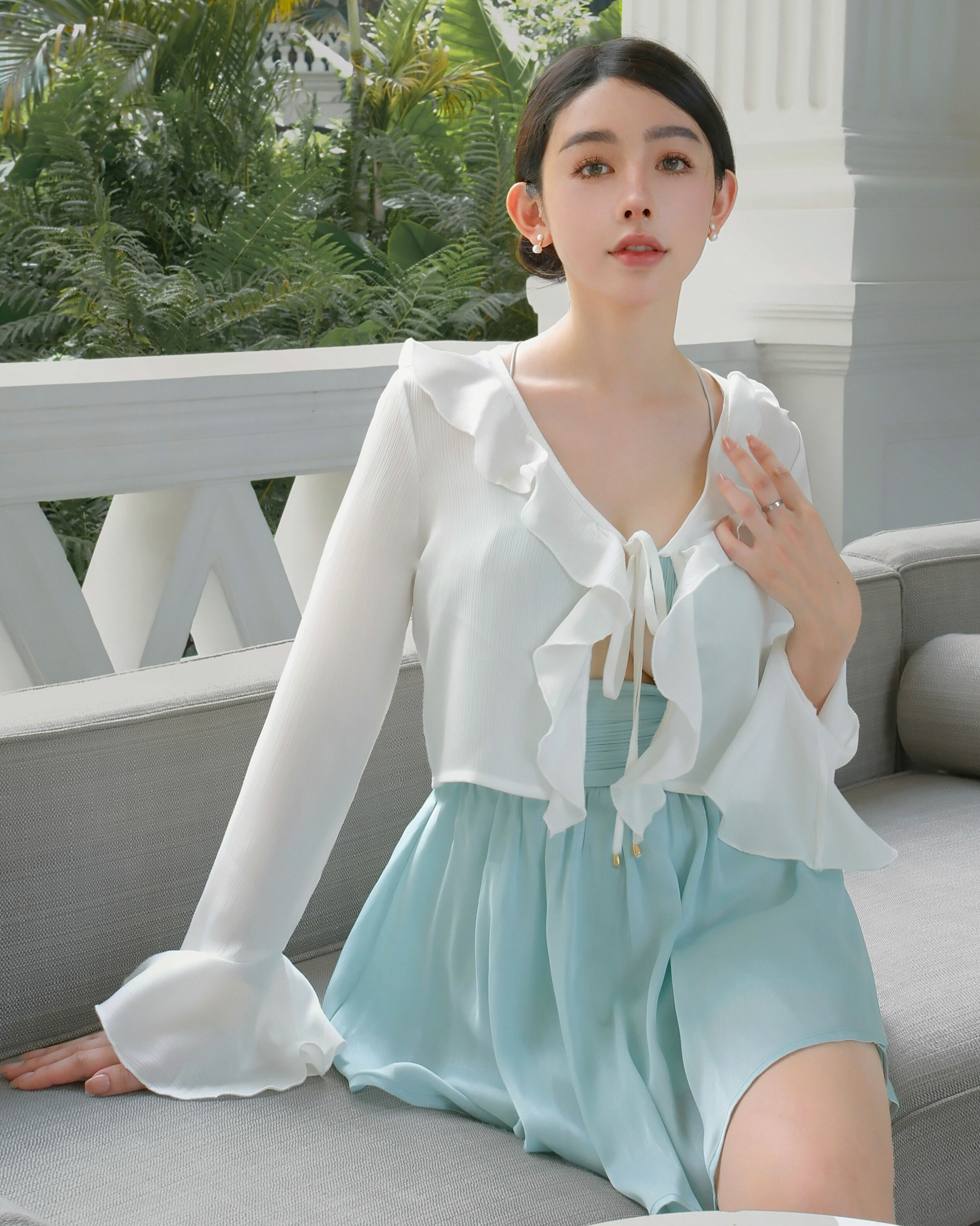 訂製-甜美法式喇叭袖荷葉罩衫