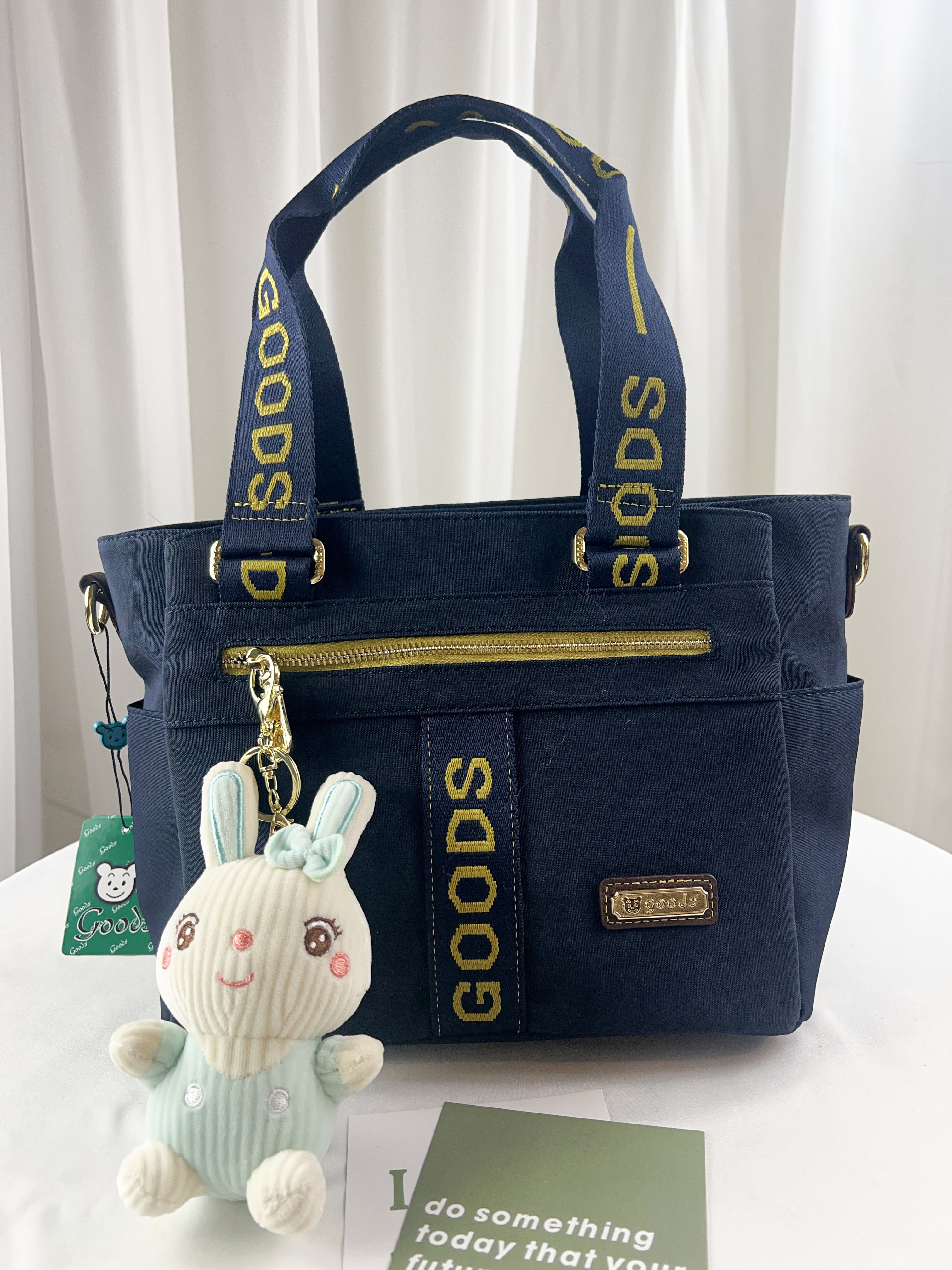 GOODS 織帶黃藍 丹寧防潑水手提包 / 側背包 附小熊吊飾 #2776