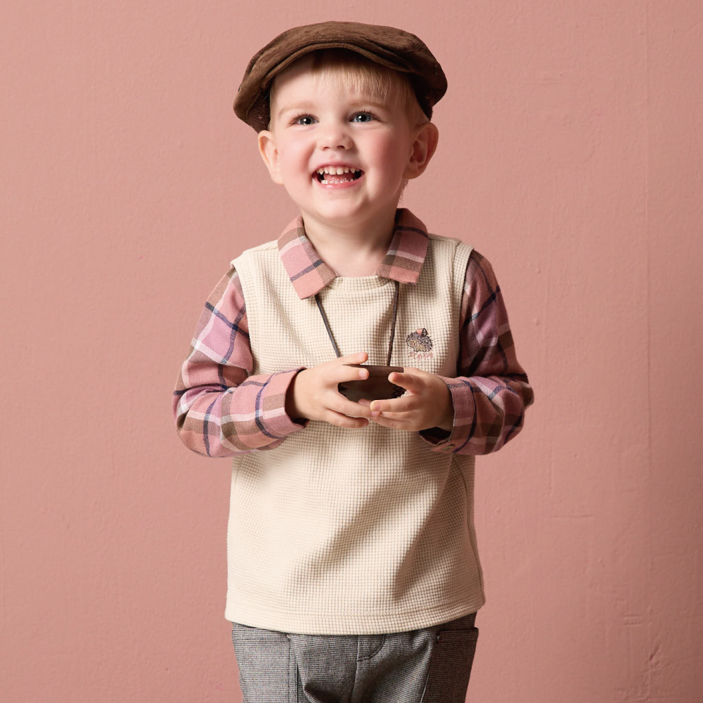 PIPPY經典格紋假兩件棉質長袖上衣 粉