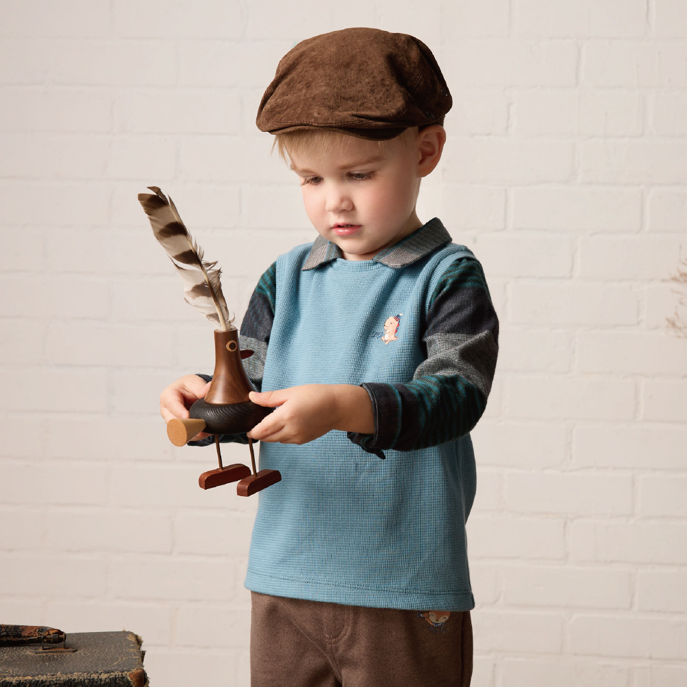 PIPPY經典格紋假兩件翻領棉質長袖上衣 藍