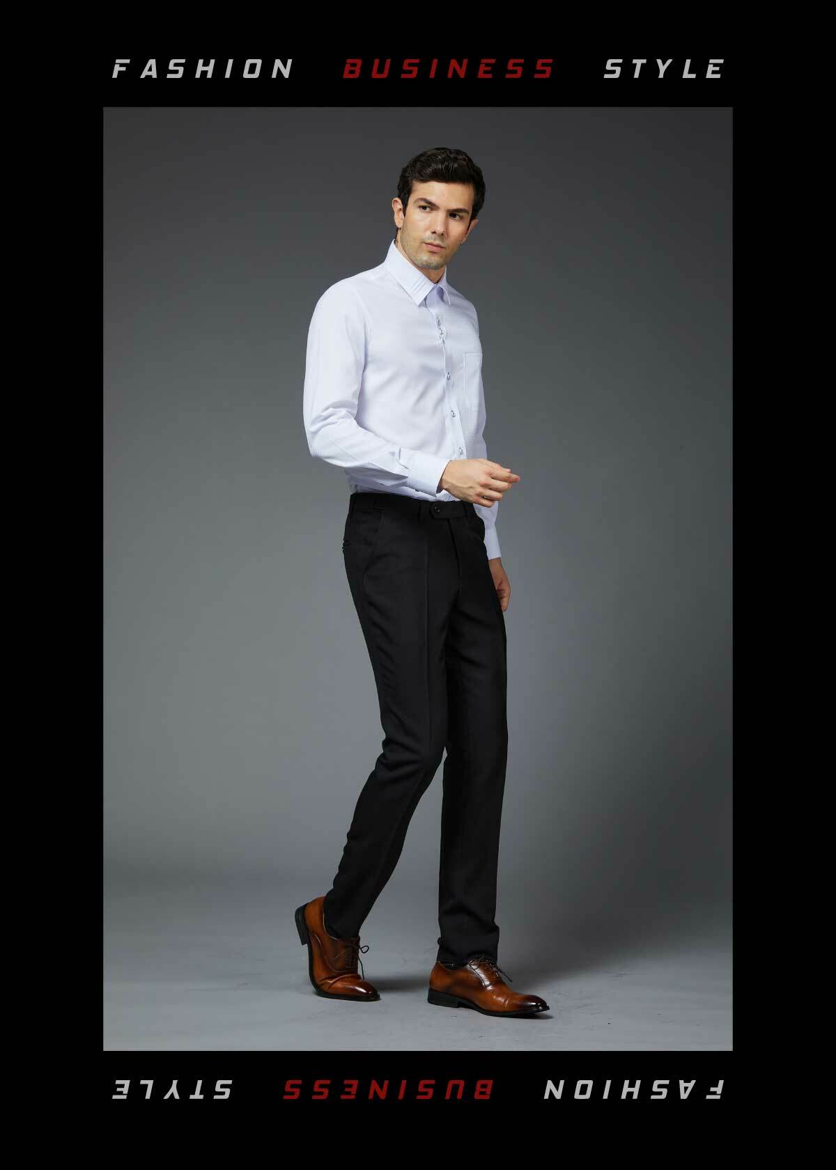 三折領千鳥格上班襯衫經典白色有型帥氣