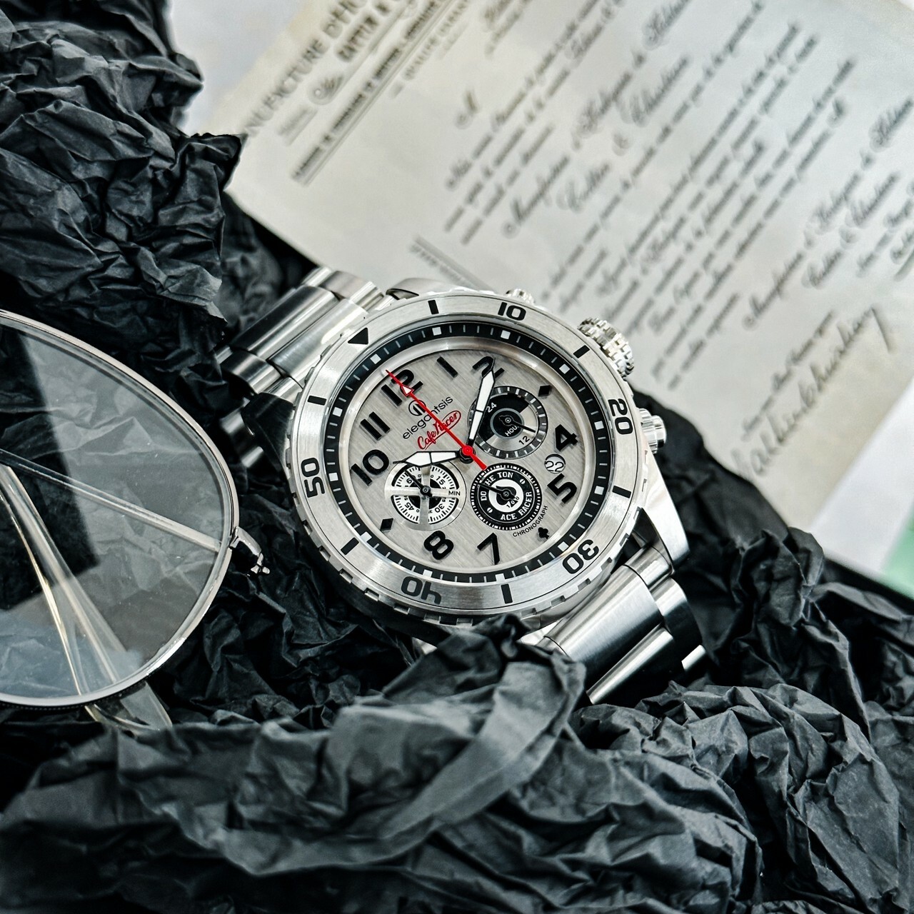 【elegantsis】Cafe Racer 新咖啡騎士三眼計時腕錶 ELJR23QS-TONUP-VS03MA 48mm 現代鐘錶