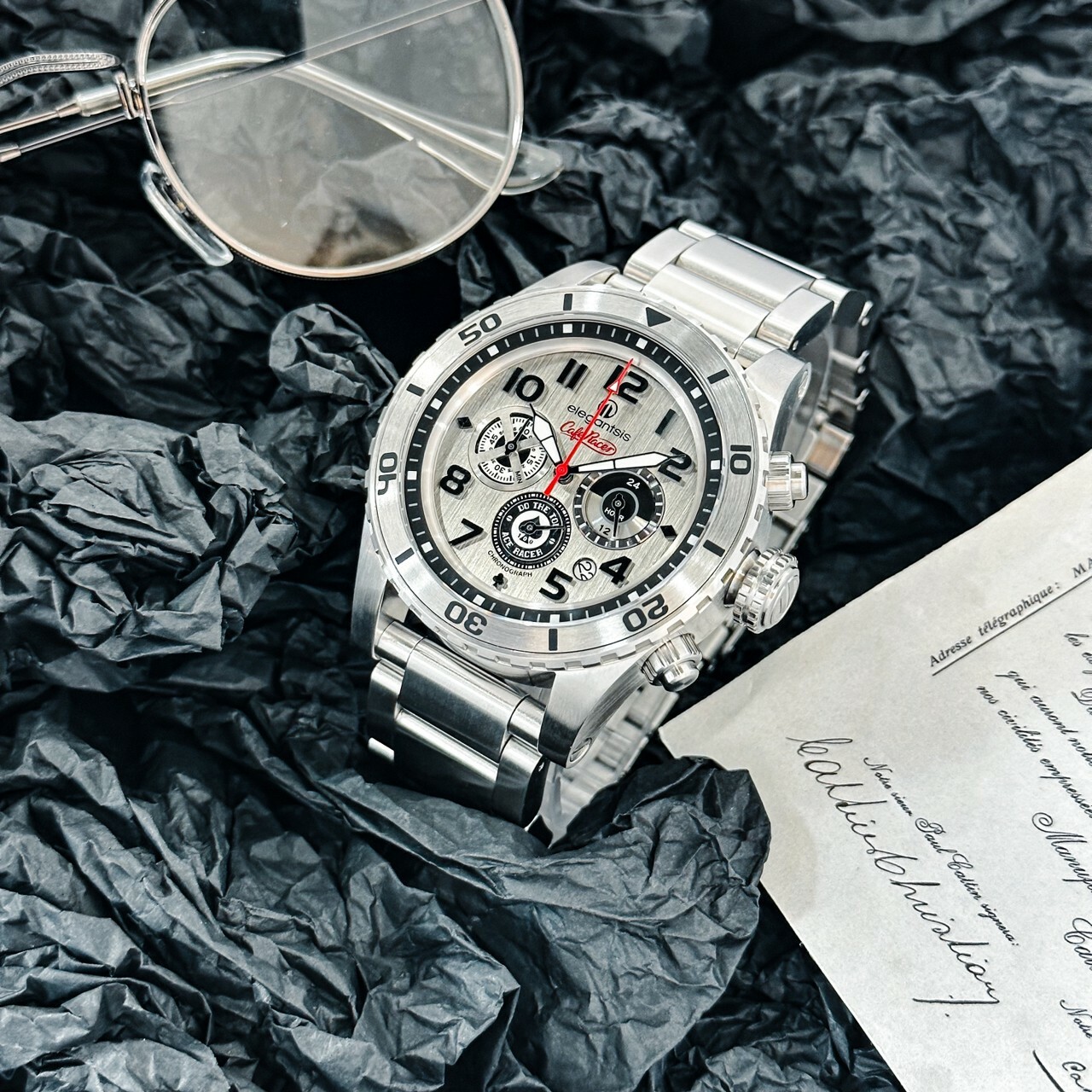 【elegantsis】Cafe Racer 新咖啡騎士三眼計時腕錶 ELJR23QS-TONUP-VS03MA 48mm 現代鐘錶