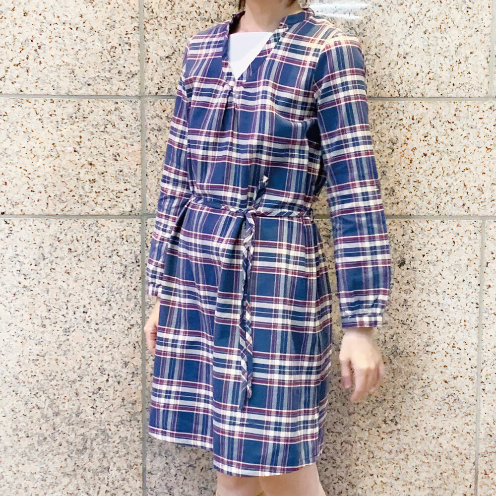 PIPPY 純棉格紋綁帶長袖洋裝 藍