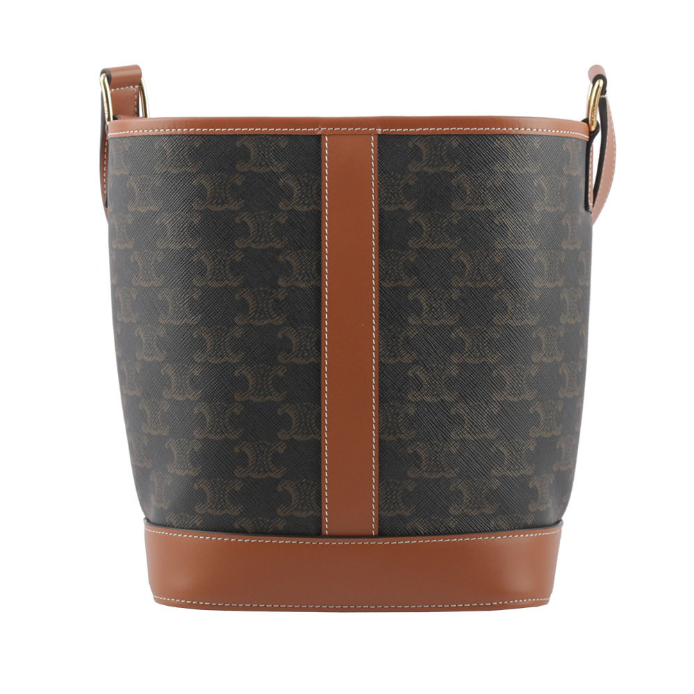 【CELINE】Triomphe 凱旋標誌帆布拼牛皮小款水桶包(焦糖色) 191442CAS.04LU