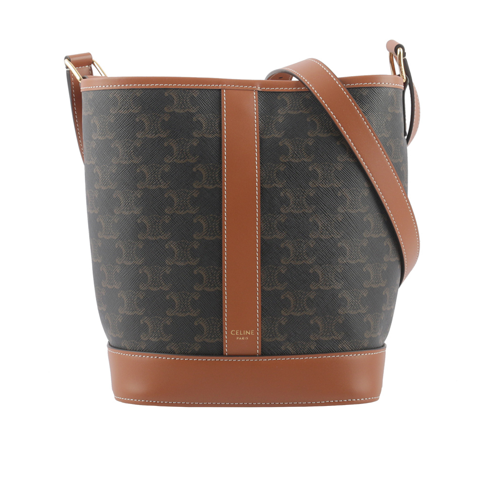 【CELINE】Triomphe 凱旋標誌帆布拼牛皮小款水桶包(焦糖色) 191442CAS.04LU