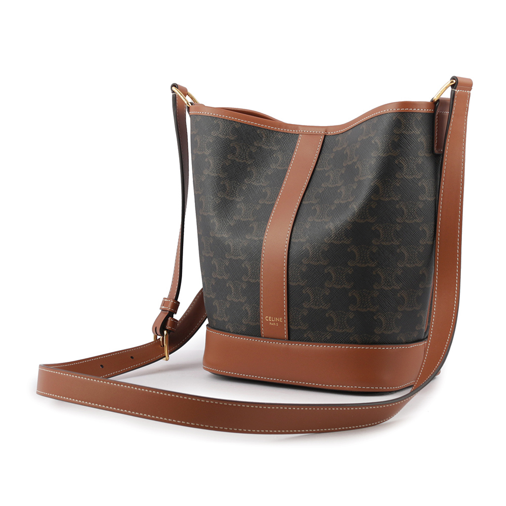 【CELINE】Triomphe 凱旋標誌帆布拼牛皮小款水桶包(焦糖色) 191442CAS.04LU
