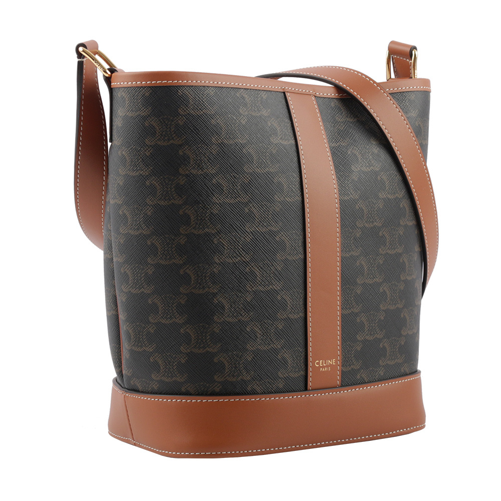 【CELINE】Triomphe 凱旋標誌帆布拼牛皮小款水桶包(焦糖色) 191442CAS.04LU