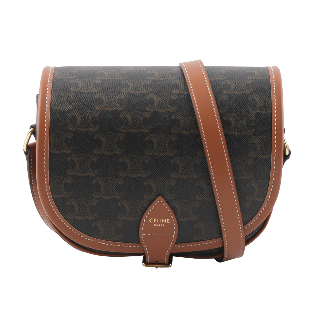 【CELINE】Folco Triomphe帆布小牛皮飾邊釦式馬鞍包