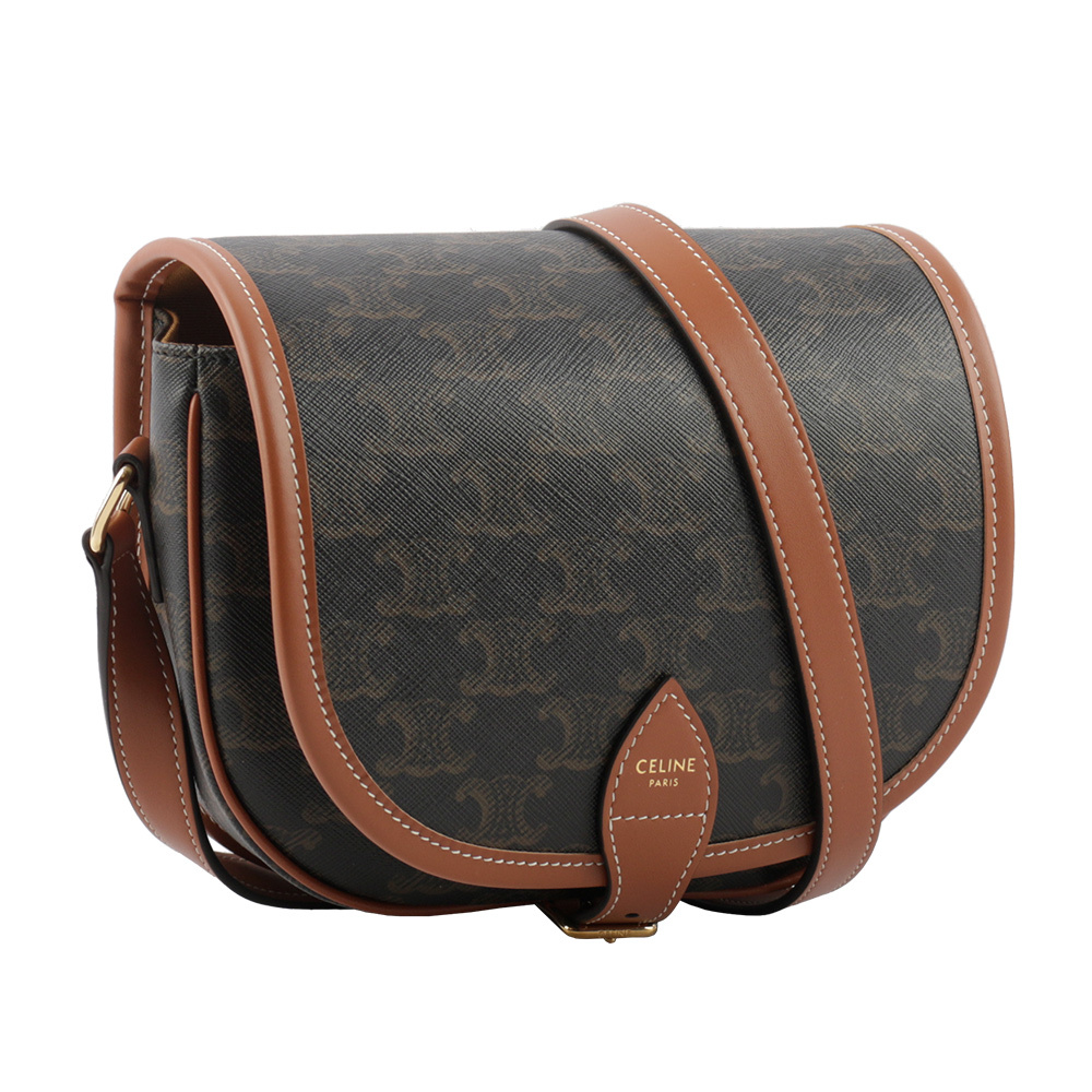 【CELINE】Folco Triomphe帆布小牛皮飾邊釦式馬鞍包